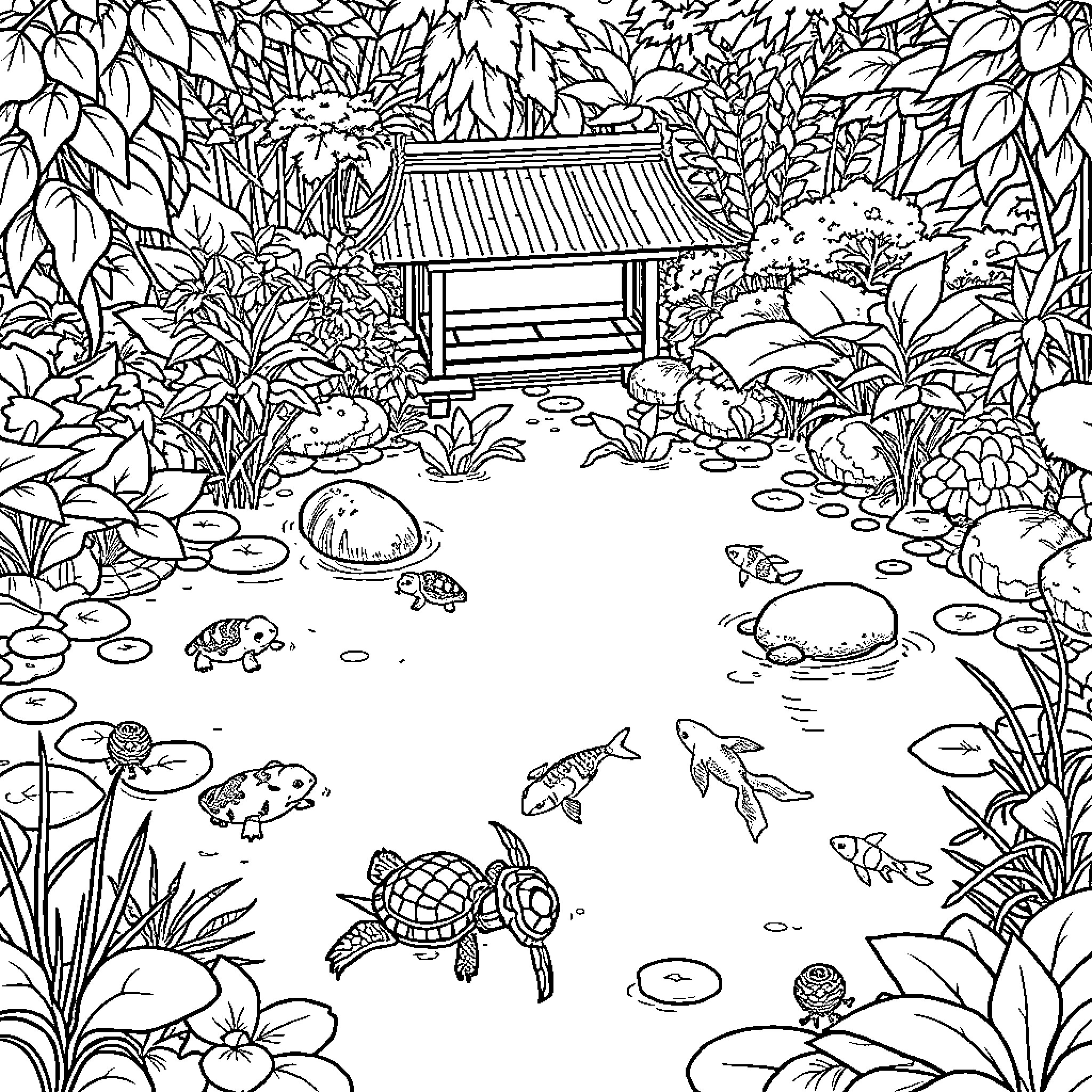 Animal Sanctuary in Lush Jungle Landscape Coloring Page (free black-and-white line drawing printable PDF for all, from beginners to advanced learners, including children, teens, adults, and seniors)