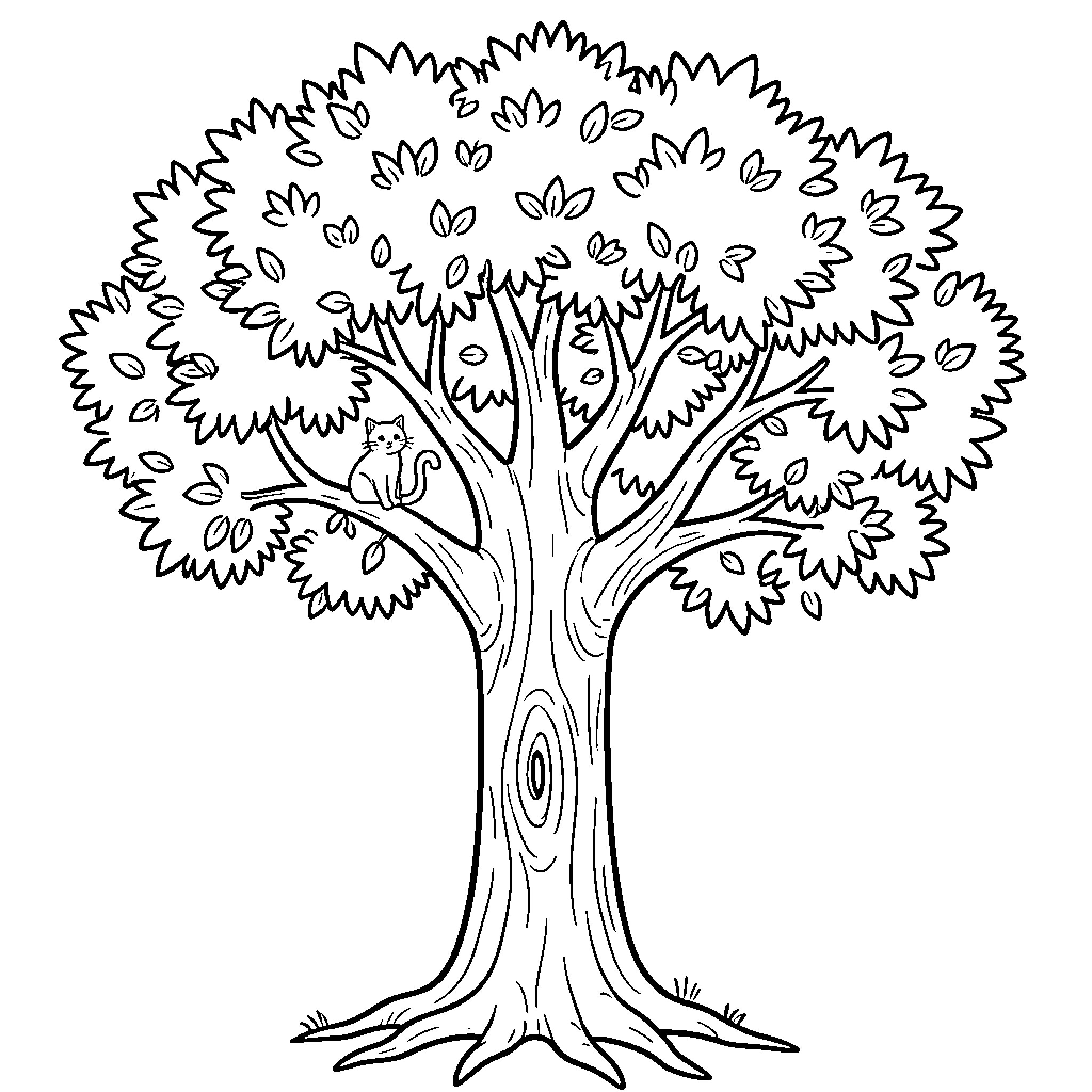 Tree with lush, detailed leaves Coloring Page (free black-and-white line drawing printable PDF for all, from beginners to advanced learners, including children, teens, adults, and seniors)