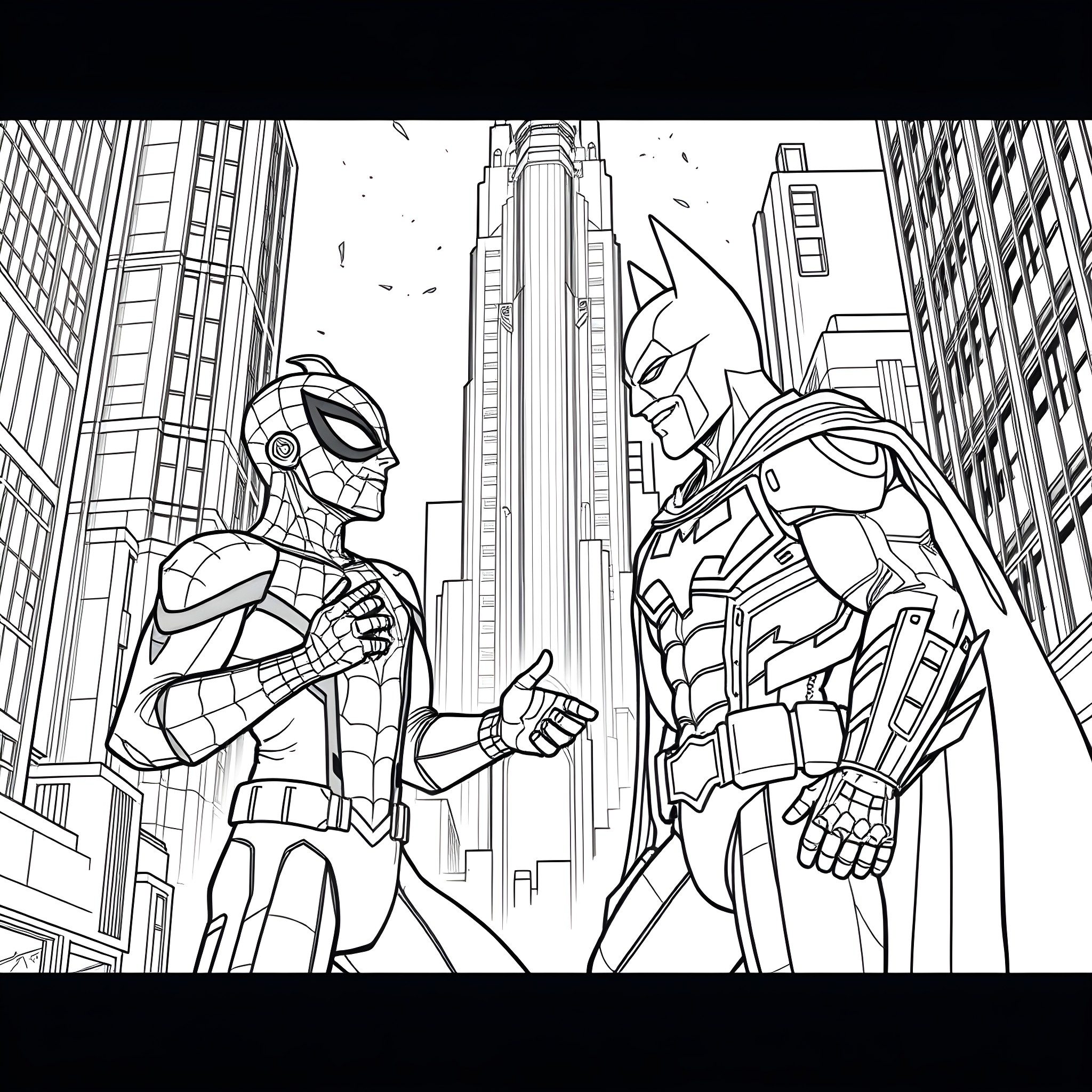 Spiderman and Batman team up in the city Coloring Page (free black-and-white line drawing printable PDF for all, from beginners to advanced learners, including children, teens, adults, and seniors)