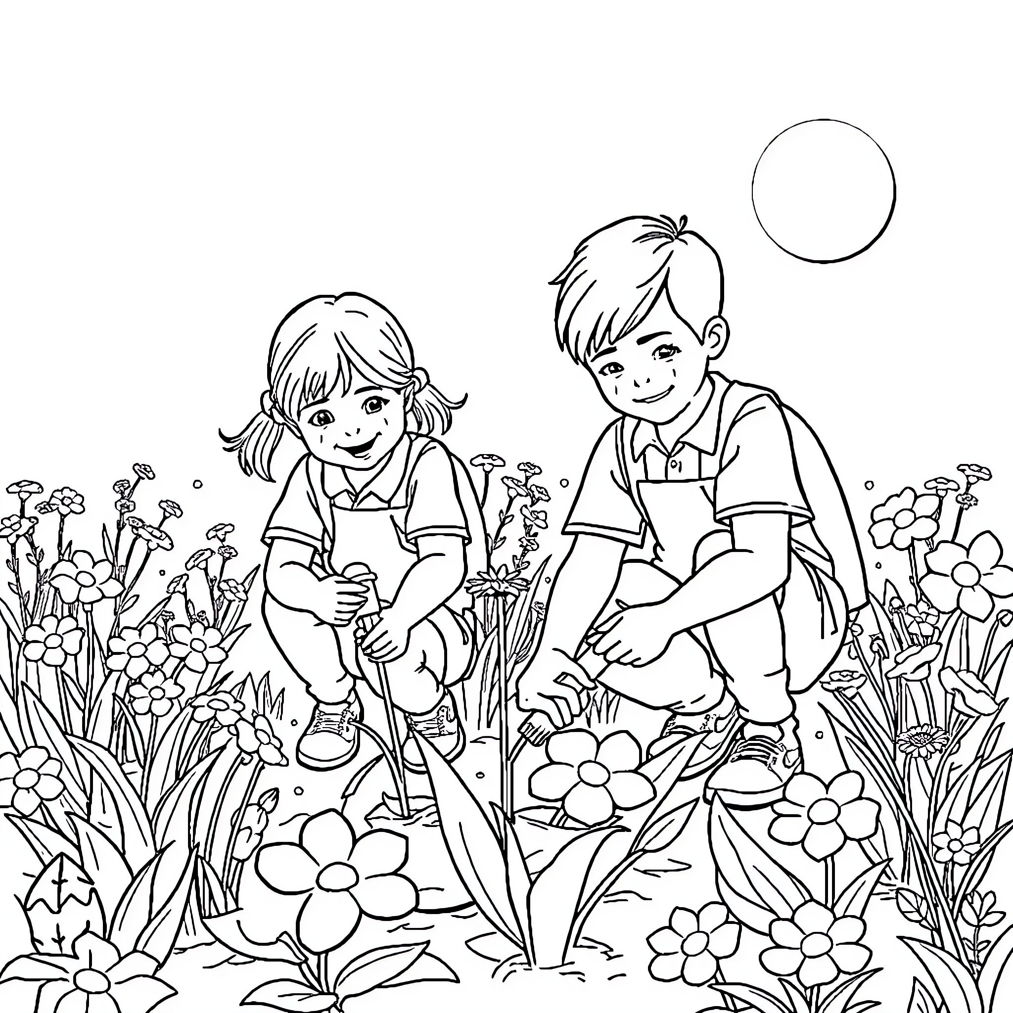 Students Exploring the Vibrant Garden Coloring Page (free black-and-white line drawing printable PDF for all, from beginners to advanced learners, including children, teens, adults, and seniors)