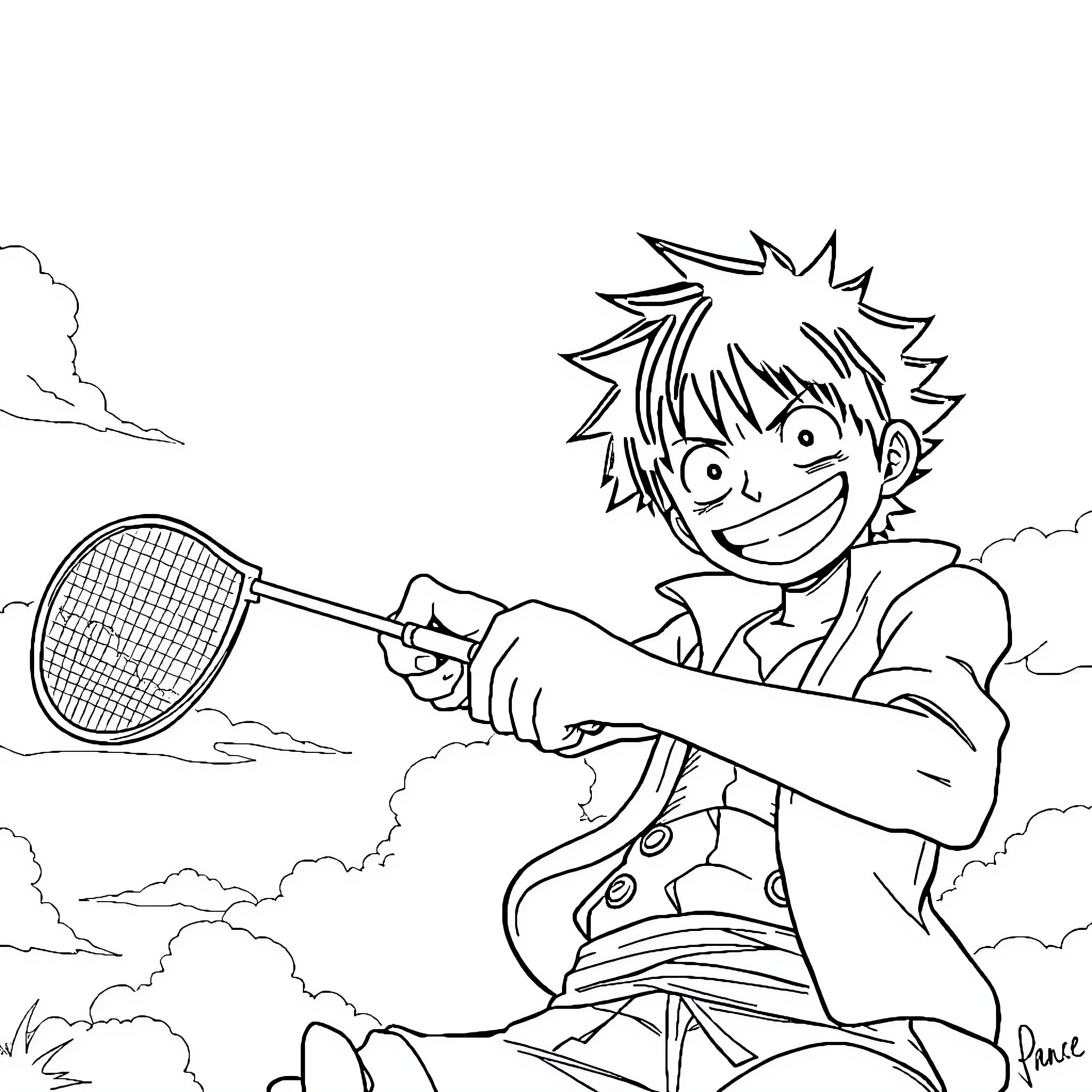 Luffi engaging in sports activities in the outdoors Coloring Page (free black-and-white line drawing printable PDF for all, from beginners to advanced learners, including children, teens, adults, and seniors)