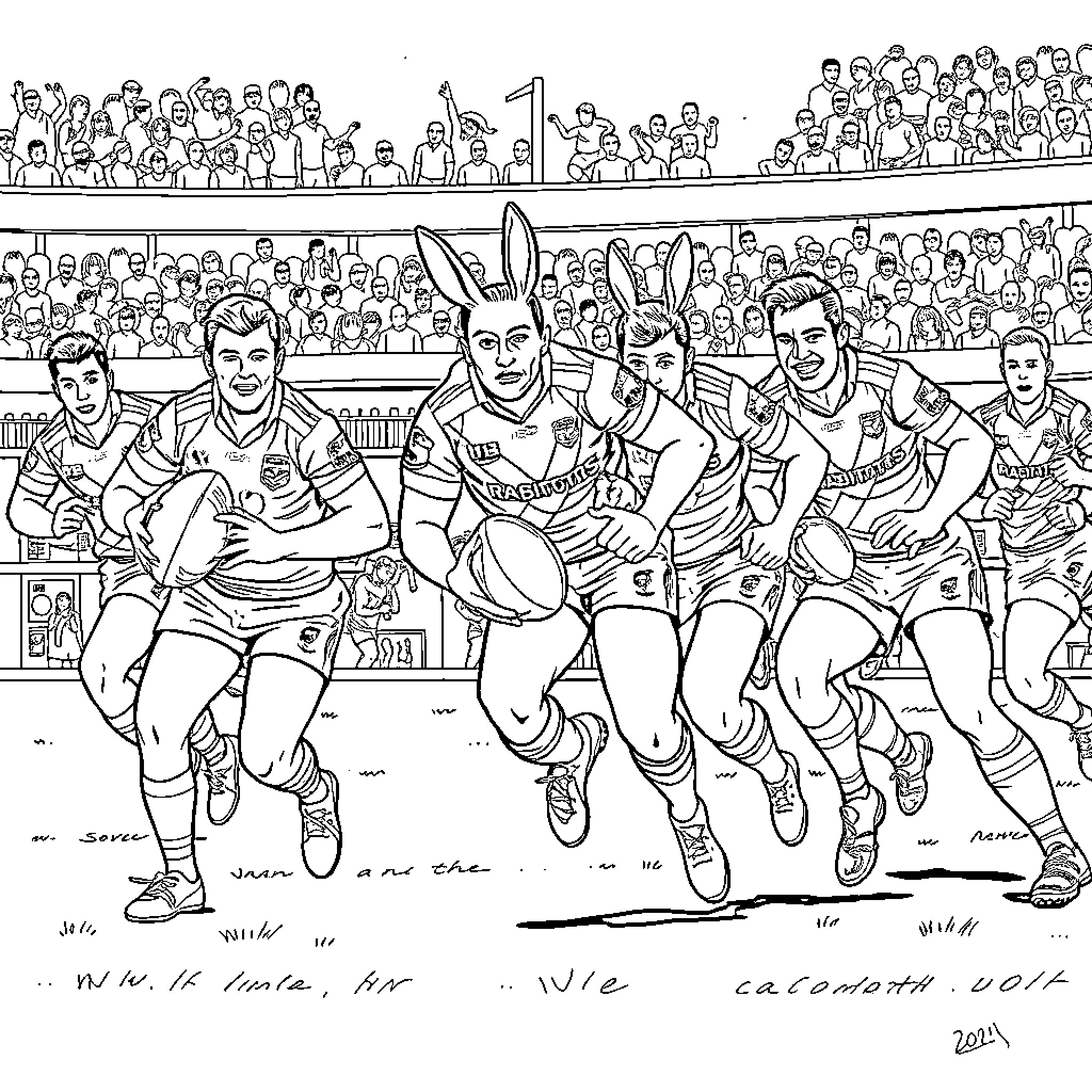 Rabbitohs rugby players in action on the field Coloring Page (free black-and-white line drawing printable PDF for all, from beginners to advanced learners, including children, teens, adults, and seniors)