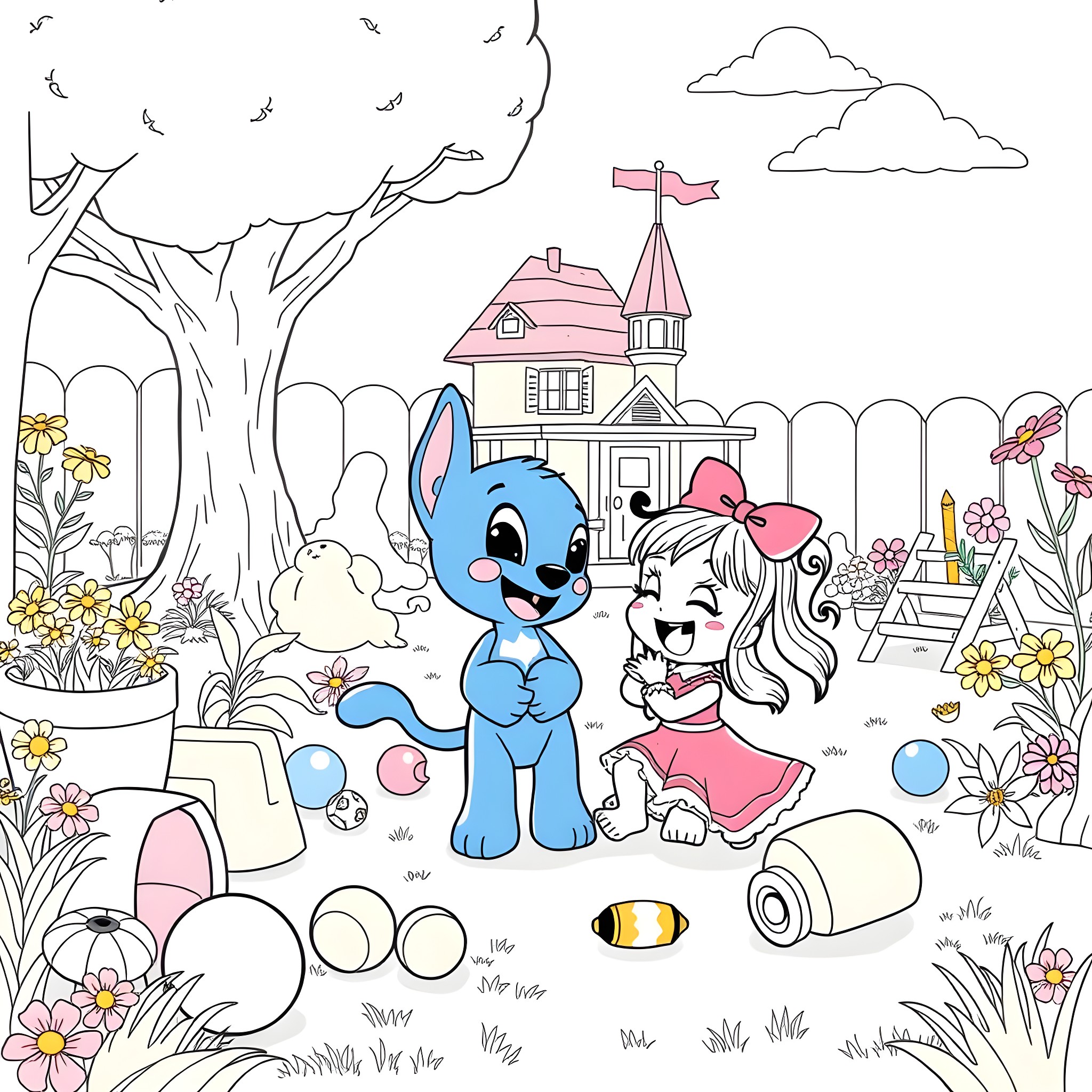 Bluey and Friends Explore the Enchanted Garden Coloring Page (free black-and-white line drawing printable PDF for all, from beginners to advanced learners, including children, teens, adults, and seniors)