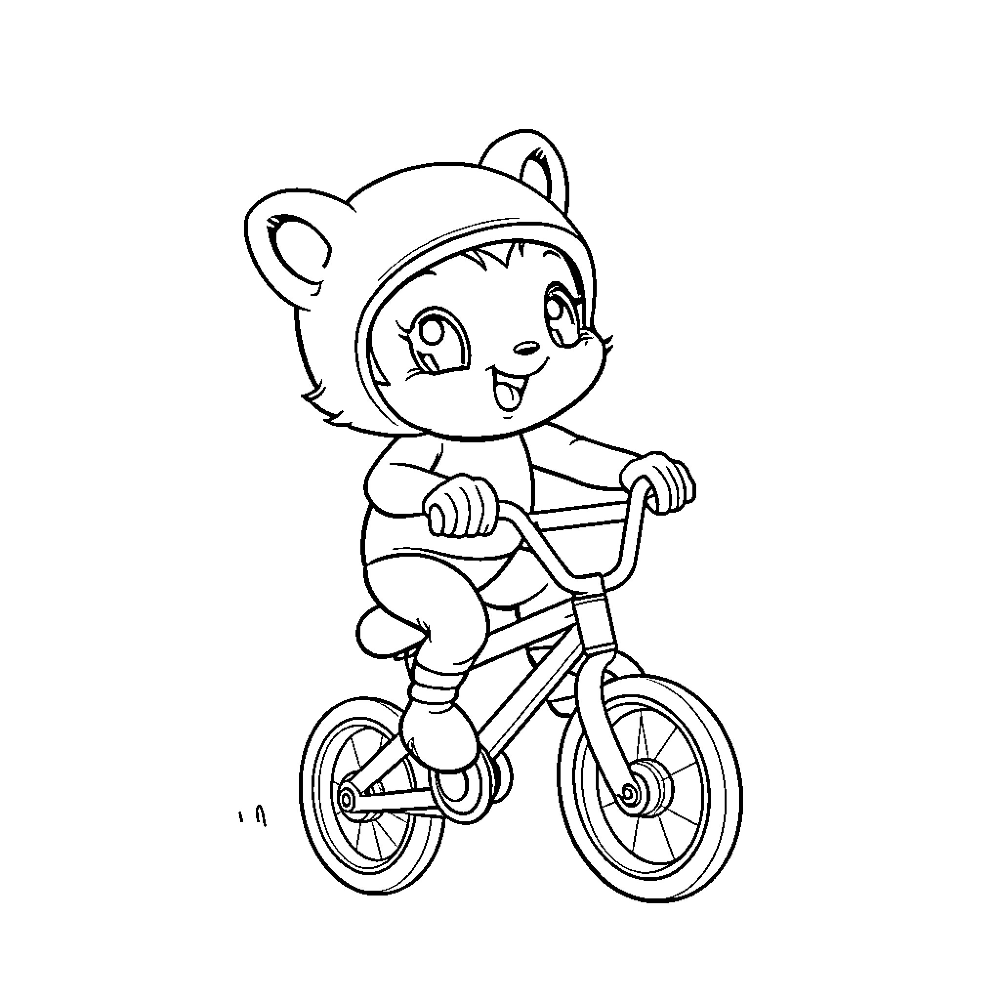 Figurine of a happy child riding a bicycle Coloring Page (free black-and-white line drawing printable PDF for all, from beginners to advanced learners, including children, teens, adults, and seniors)