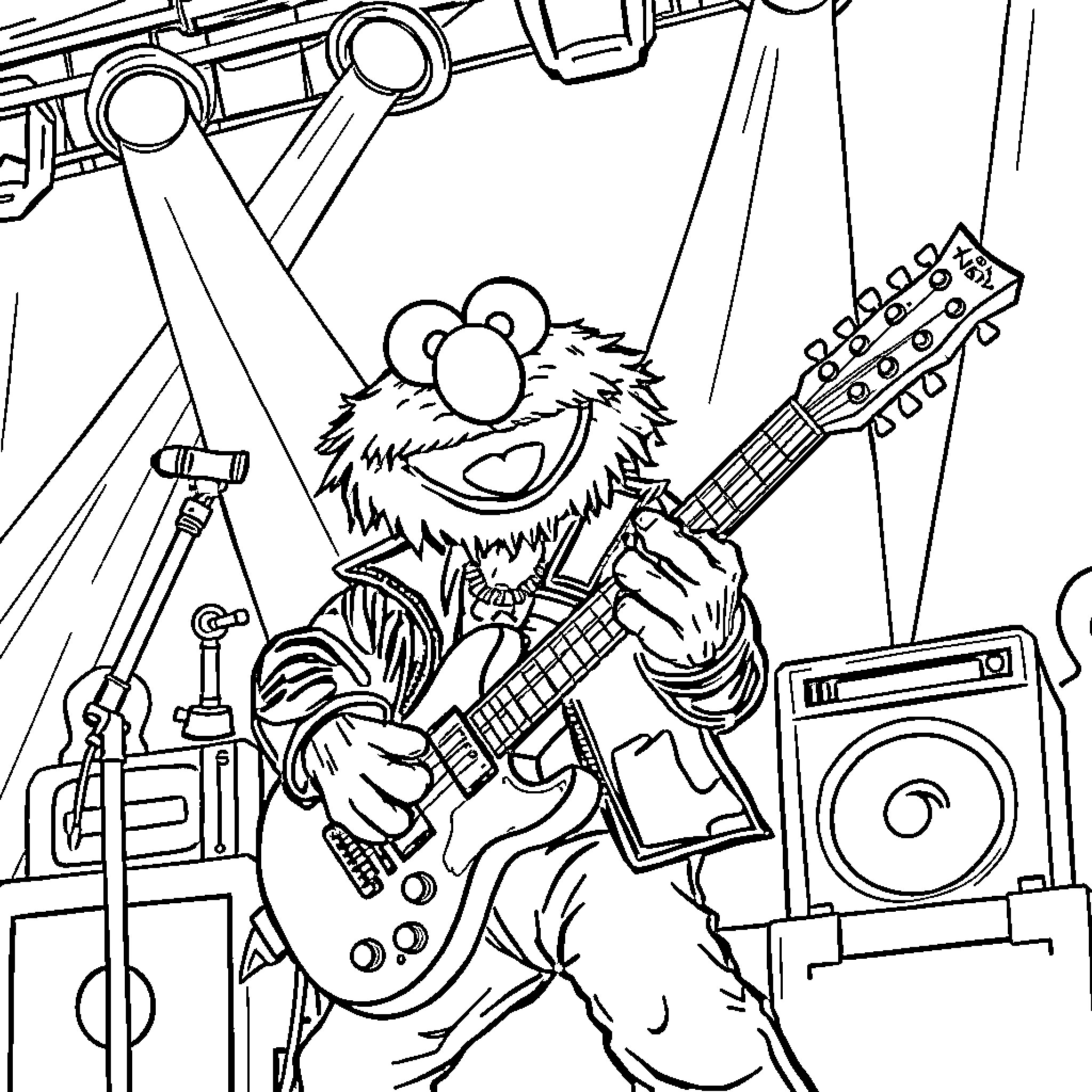 Elmo playing electric guitar on stage Coloring Page (free black-and-white line drawing printable PDF for all, from beginners to advanced learners, including children, teens, adults, and seniors)