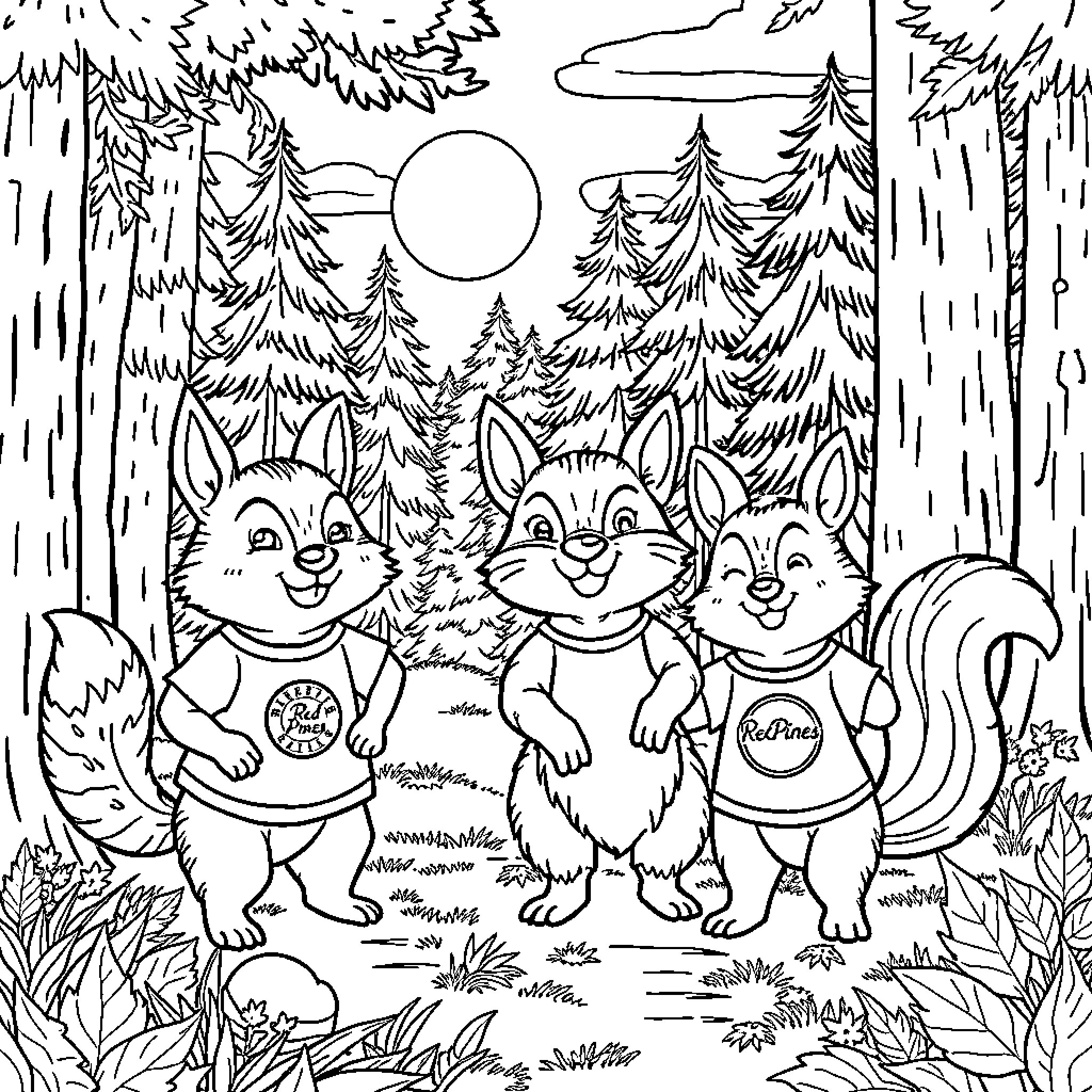 Creature fun in the forest scene Coloring Page (free black-and-white line drawing printable PDF for all, from beginners to advanced learners, including children, teens, adults, and seniors)