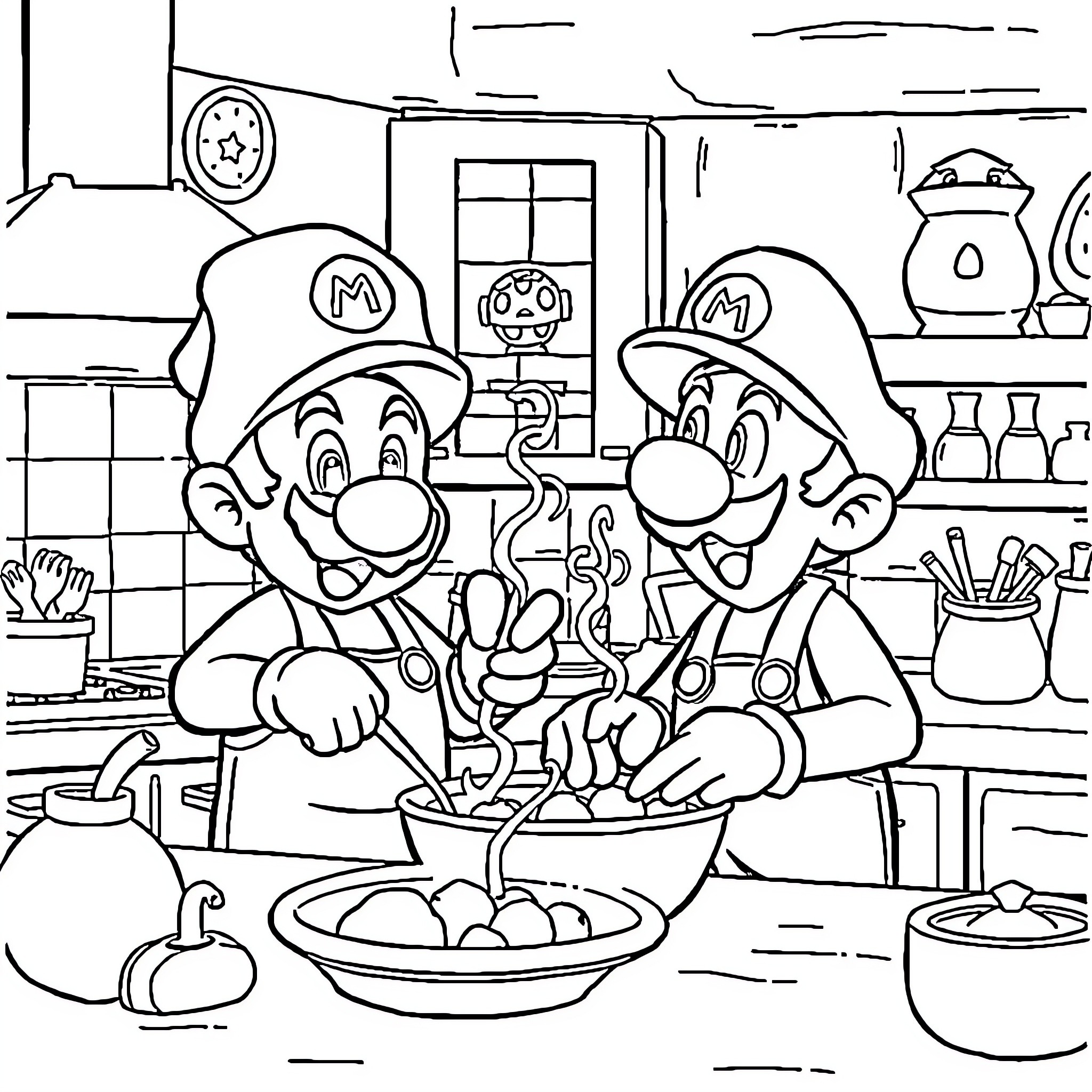 Mario and Luigi Cooking Together in the Kitchen Coloring Page (free black-and-white line drawing printable PDF for all, from beginners to advanced learners, including children, teens, adults, and seniors)