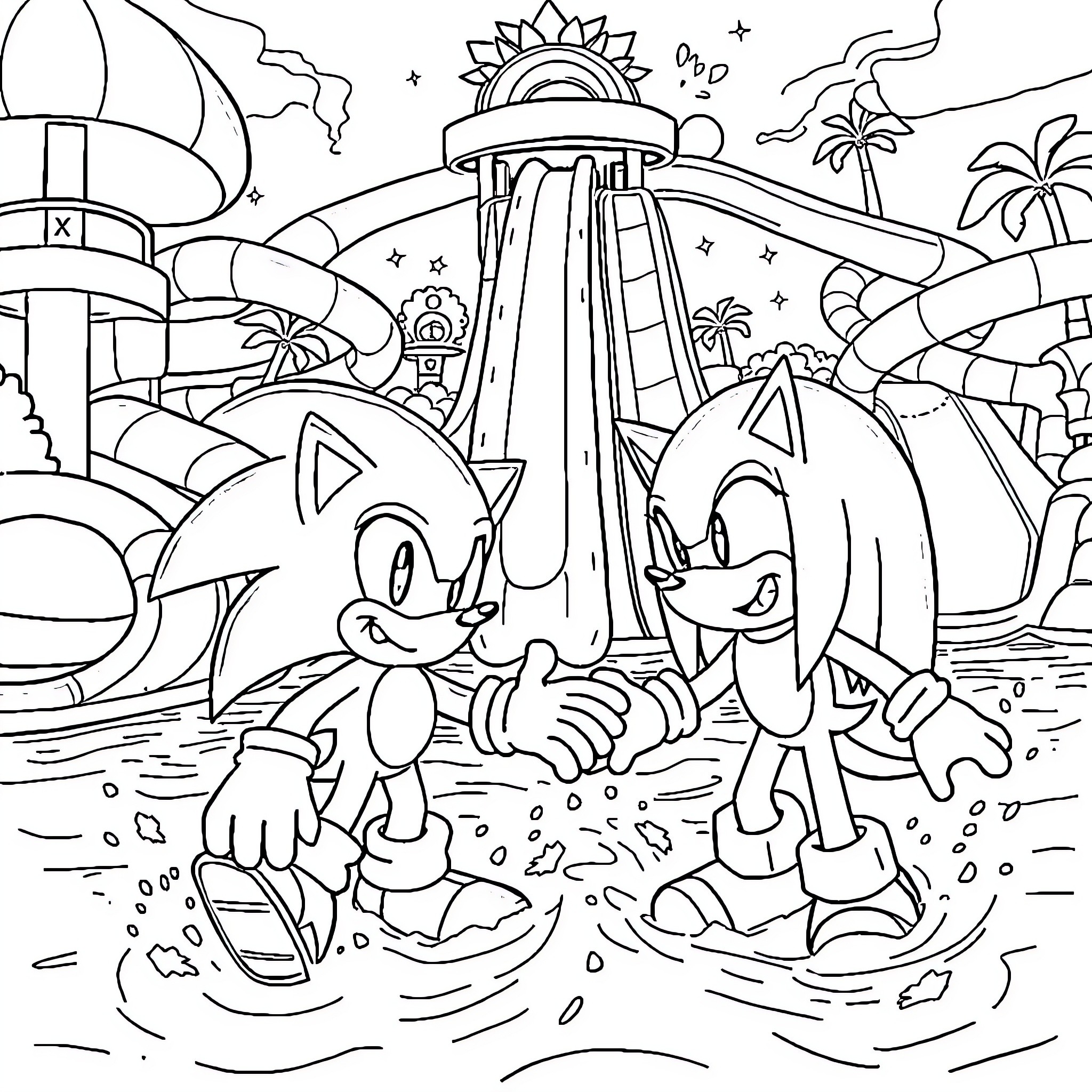 Sonic and friends explore the tropical waterslide adventure Coloring Page (free black-and-white line drawing printable PDF for all, from beginners to advanced learners, including children, teens, adults, and seniors)