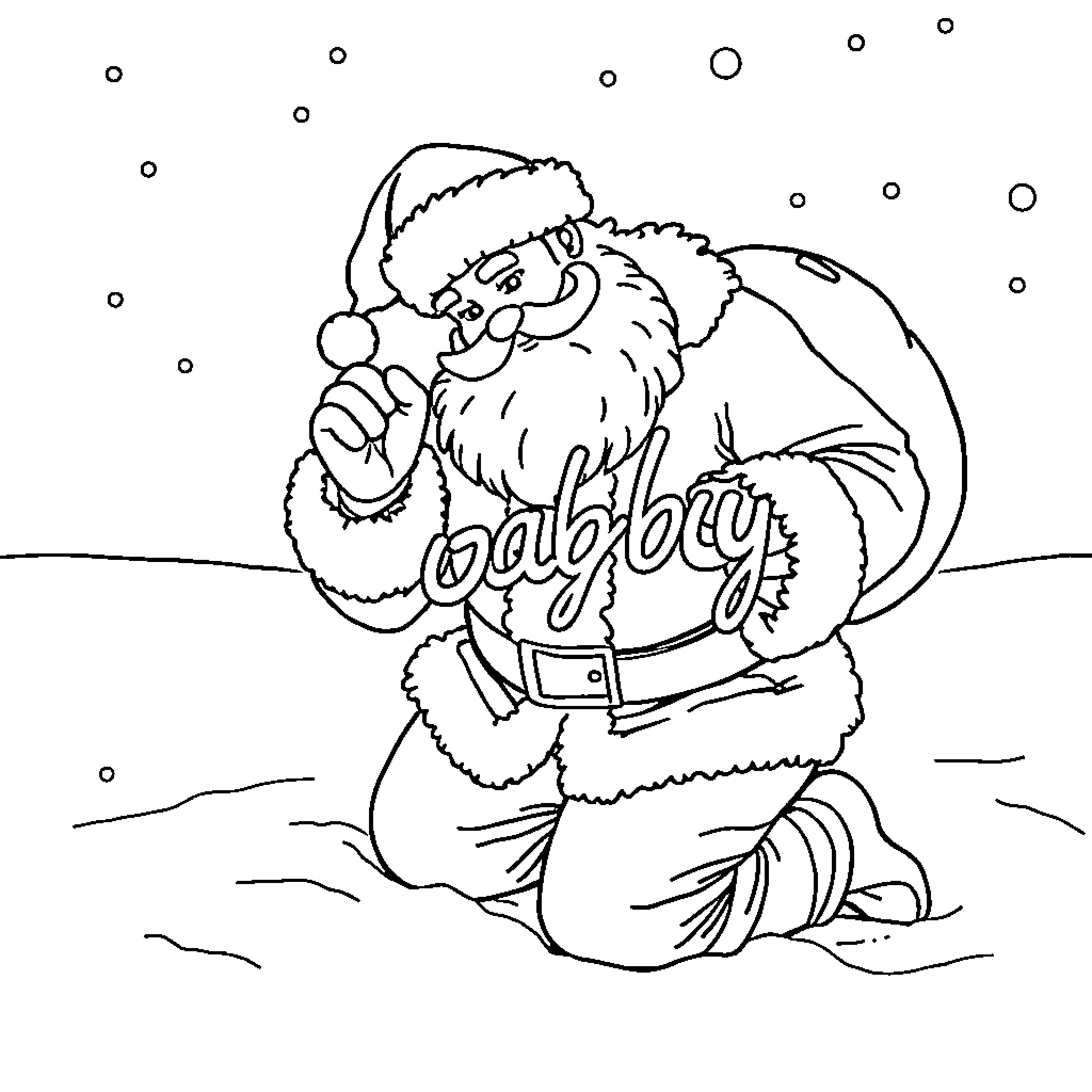 Santa carrying a toy bag in the snow Coloring Page (free black-and-white line drawing printable PDF for all, from beginners to advanced learners, including children, teens, adults, and seniors)