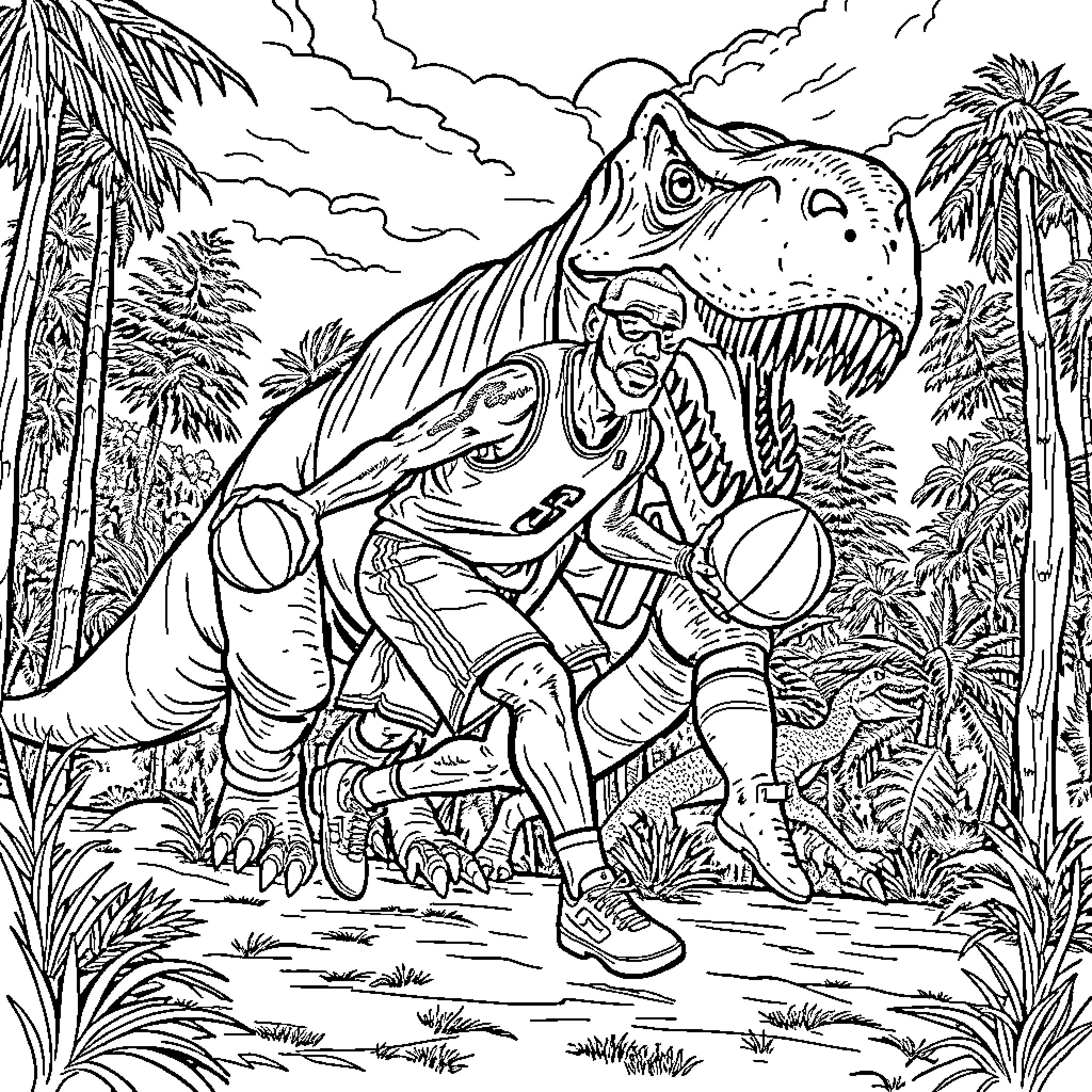 LeBron James Encounters a Massive Prehistoric Creature Coloring Page (free black-and-white line drawing printable PDF for all, from beginners to advanced learners, including children, teens, adults, and seniors)