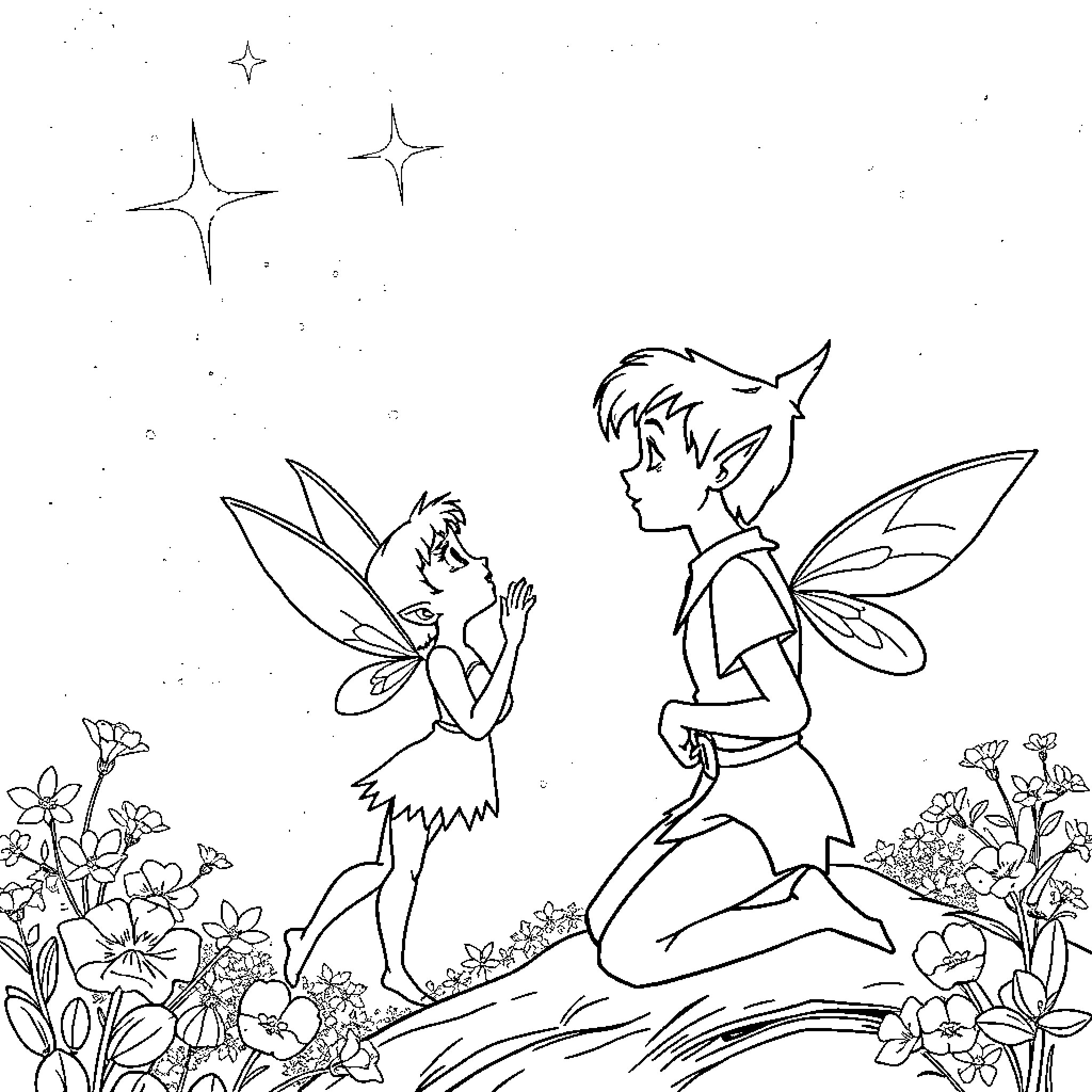 Tinkerbell and Peter Pan in Fairy Garden Coloring Page (free black-and-white line drawing printable PDF for all, from beginners to advanced learners, including children, teens, adults, and seniors)