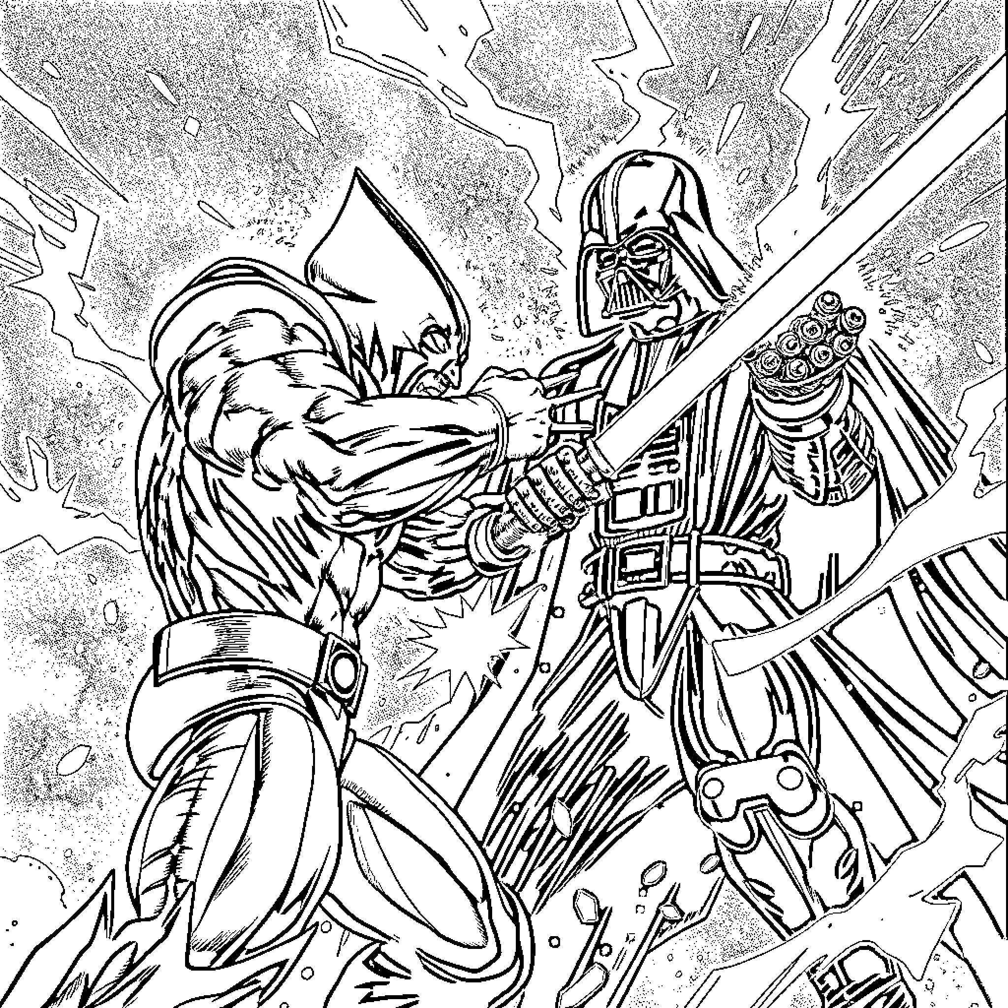 Wolverine battling Darth Vader in epic sci-fi clash Coloring Page (free black-and-white line drawing printable PDF for all, from beginners to advanced learners, including children, teens, adults, and seniors)