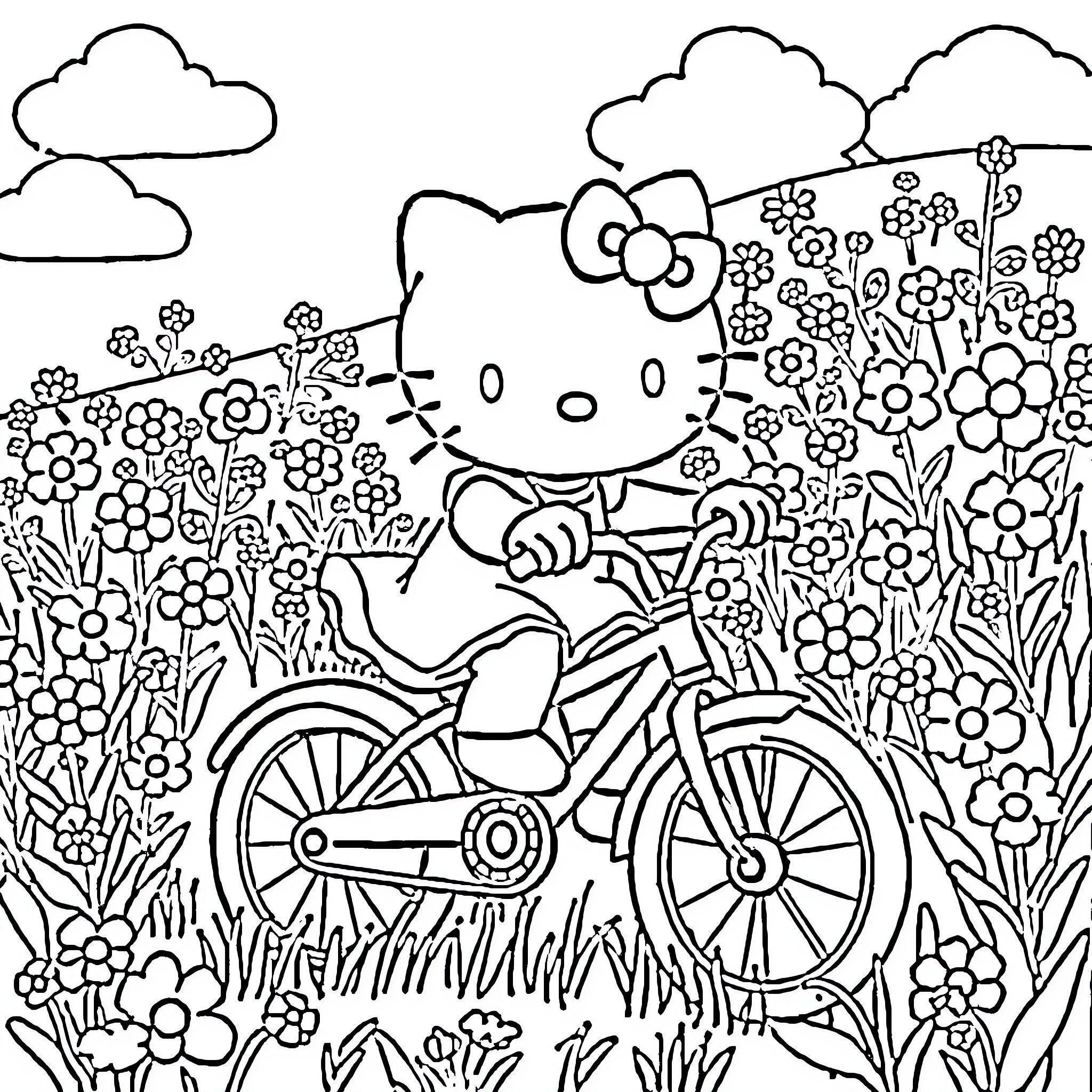 Hello Kitty enjoying a bicycle ride through a floral garden Coloring Page (free black-and-white line drawing printable PDF for all, from beginners to advanced learners, including children, teens, adults, and seniors)