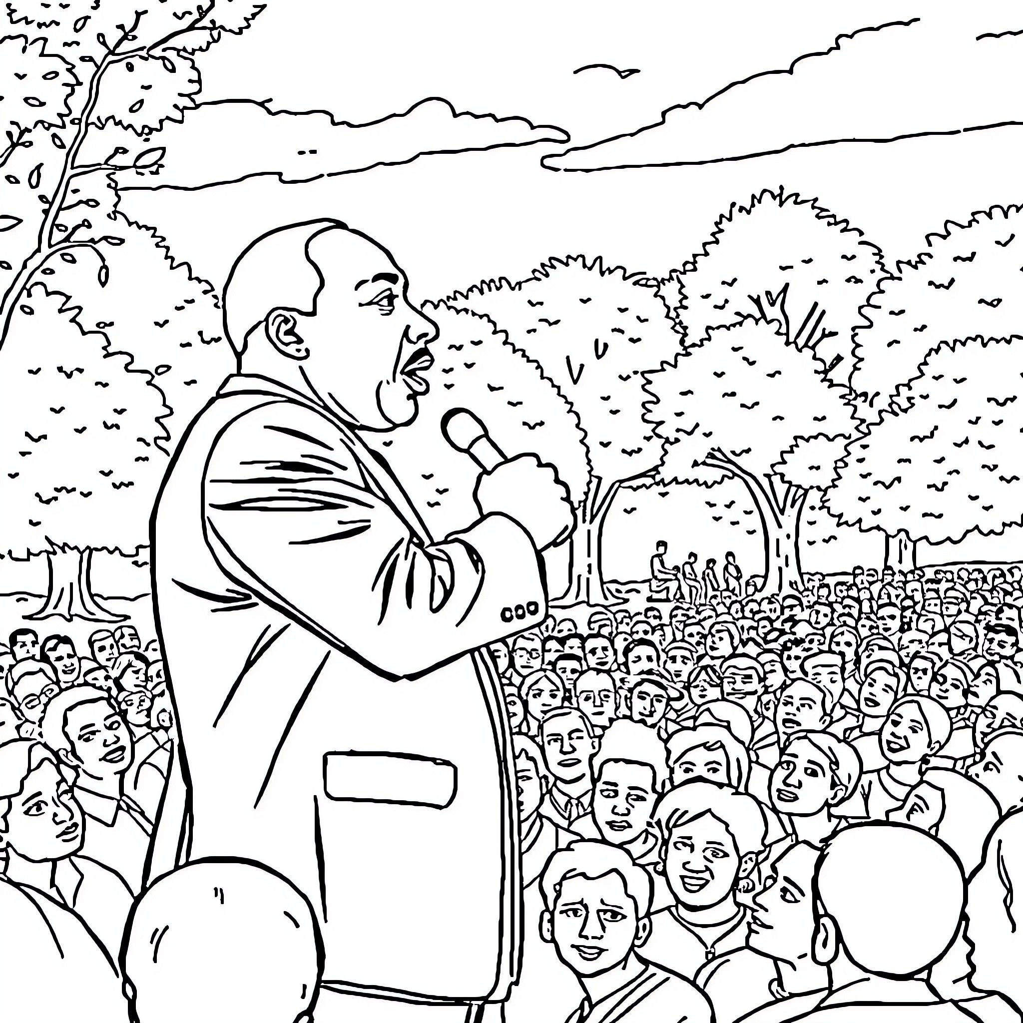Martin Luther King Jr. Inspiring a Crowd with His Message Coloring Page (free black-and-white line drawing printable PDF for all, from beginners to advanced learners, including children, teens, adults, and seniors)