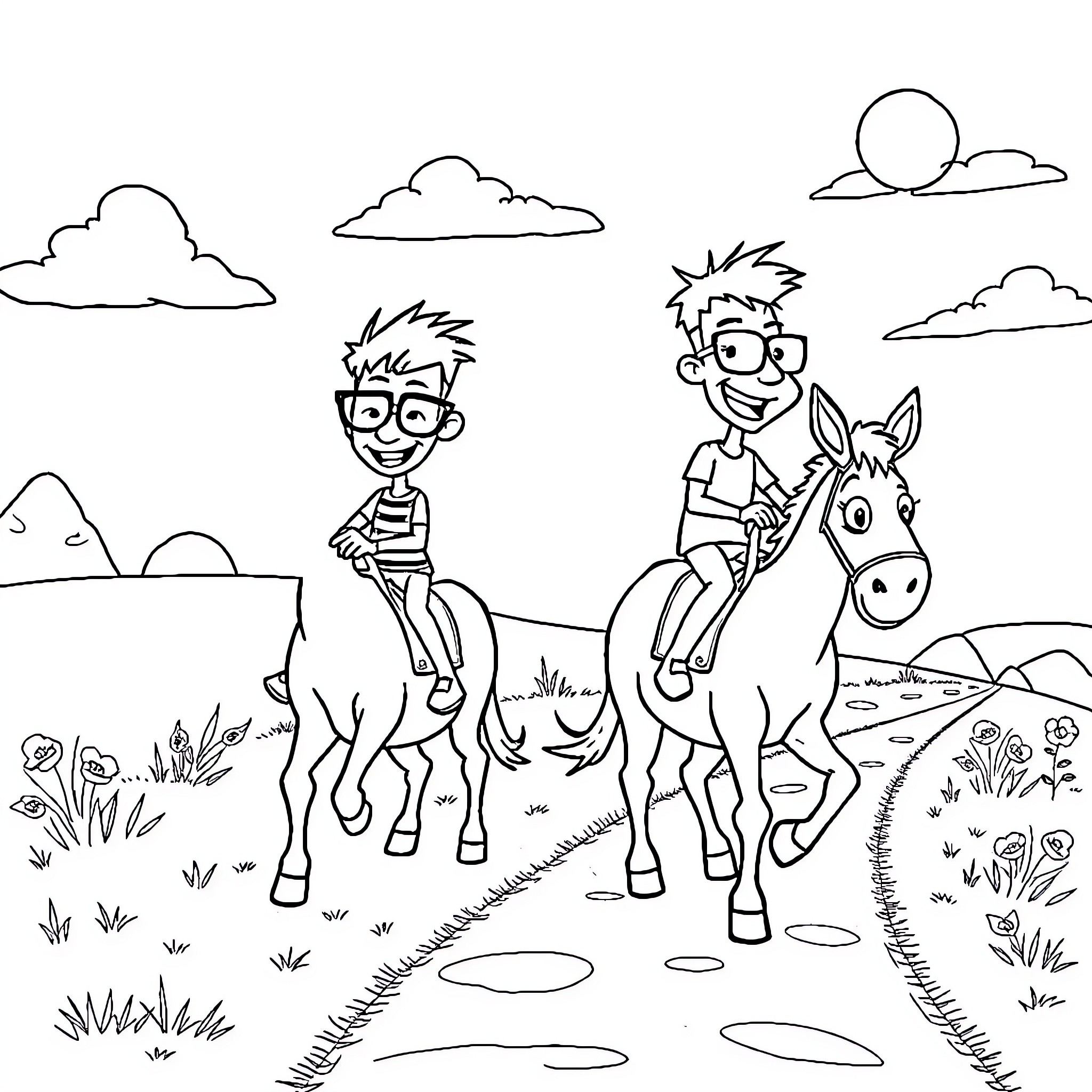 Phineas and friends ride horses through the countryside Coloring Page (free black-and-white line drawing printable PDF for all, from beginners to advanced learners, including children, teens, adults, and seniors)