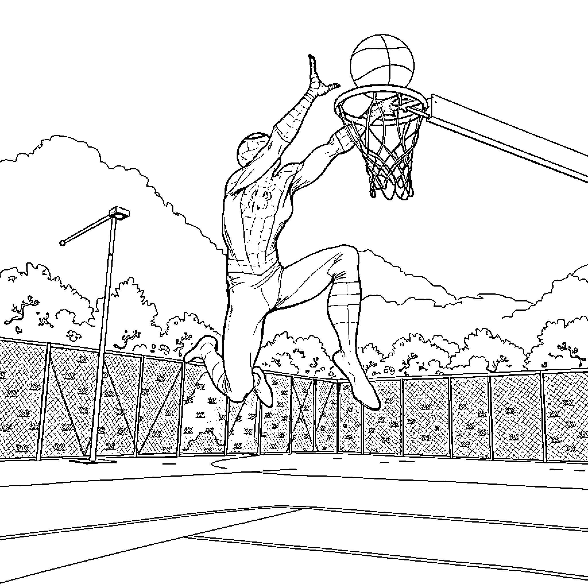 Spiderman performing basketball slam dunk in outdoor court Coloring Page (free black-and-white line drawing printable PDF for all, from beginners to advanced learners, including children, teens, adults, and seniors)