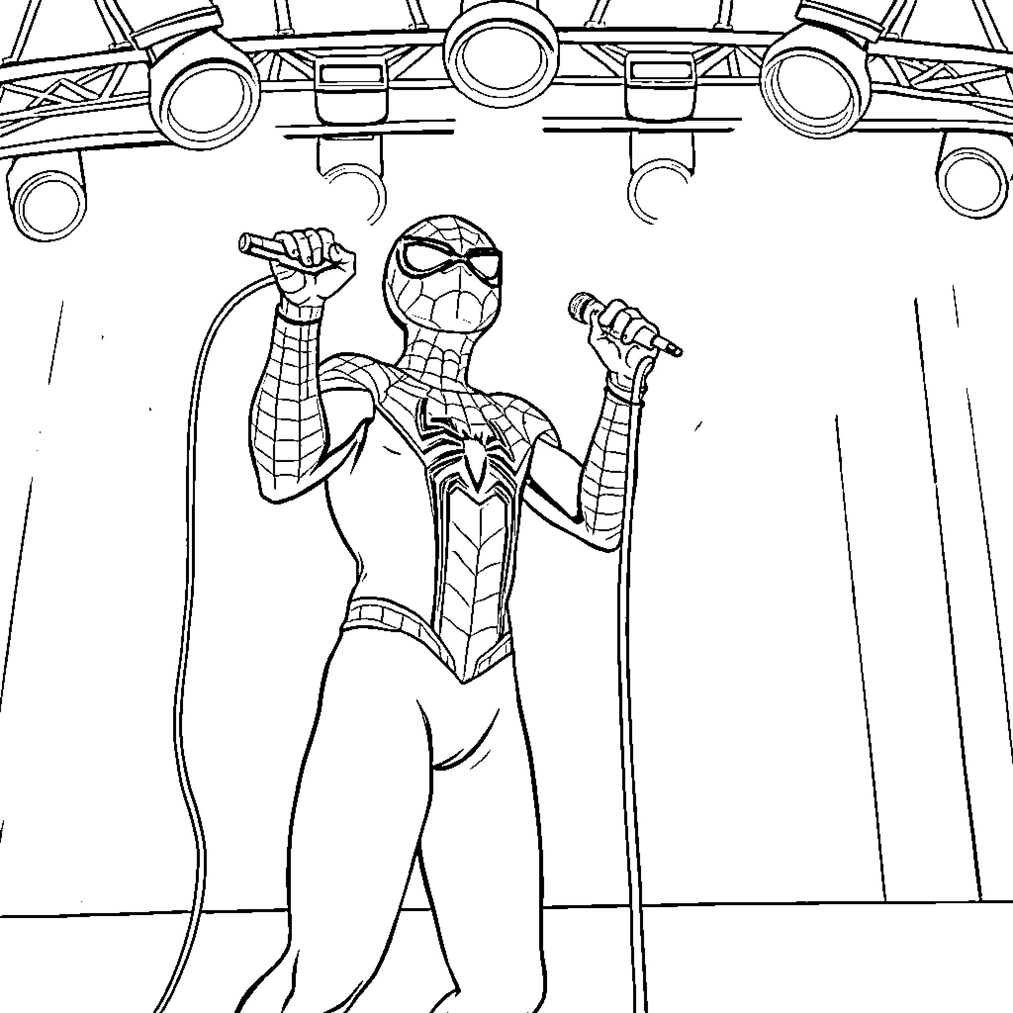 Spiderman performing heroic stunts on stage Coloring Page (free black-and-white line drawing printable PDF for all, from beginners to advanced learners, including children, teens, adults, and seniors)