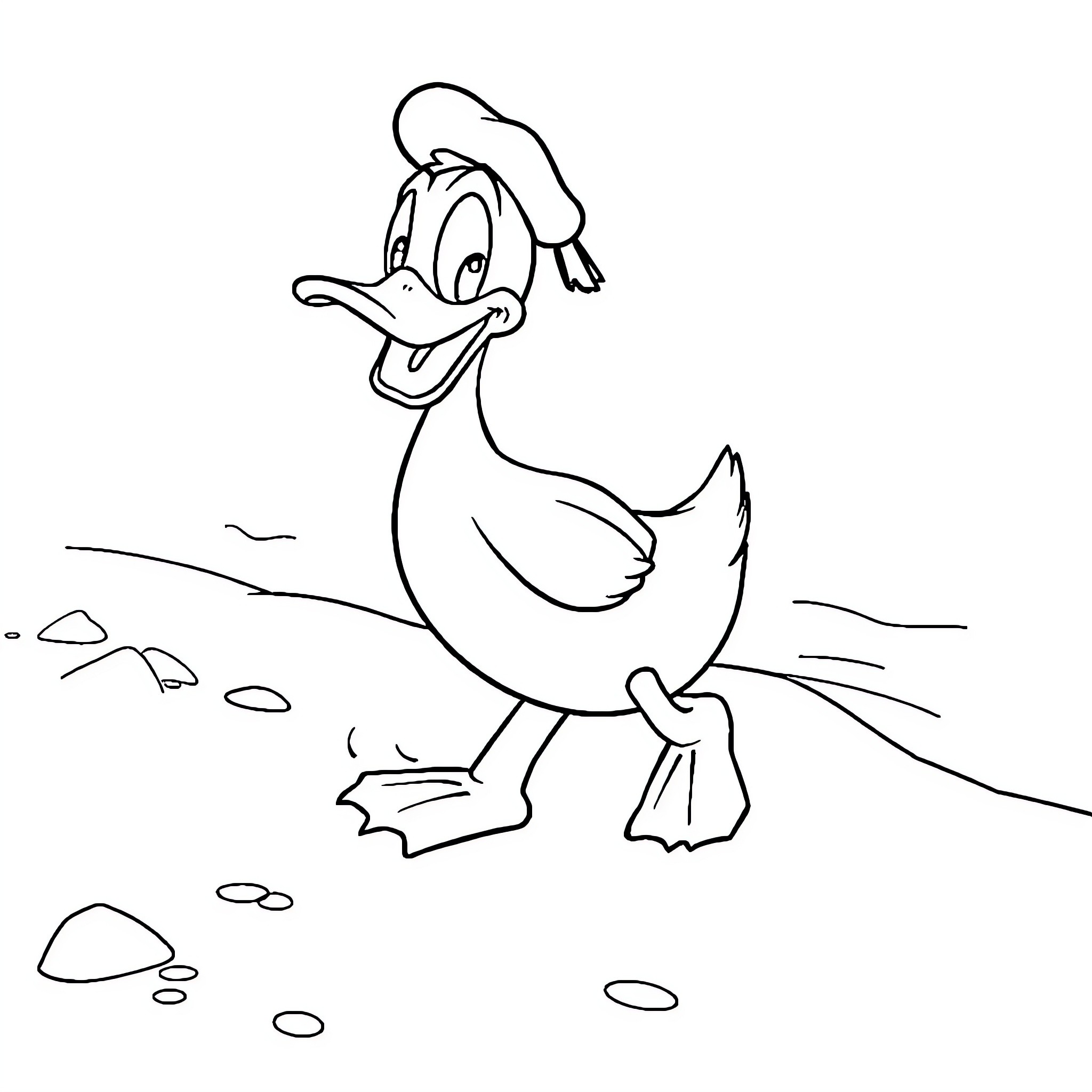 Duck Exploring Playfully on the Ground Coloring Page (free black-and-white line drawing printable PDF for all, from beginners to advanced learners, including children, teens, adults, and seniors)