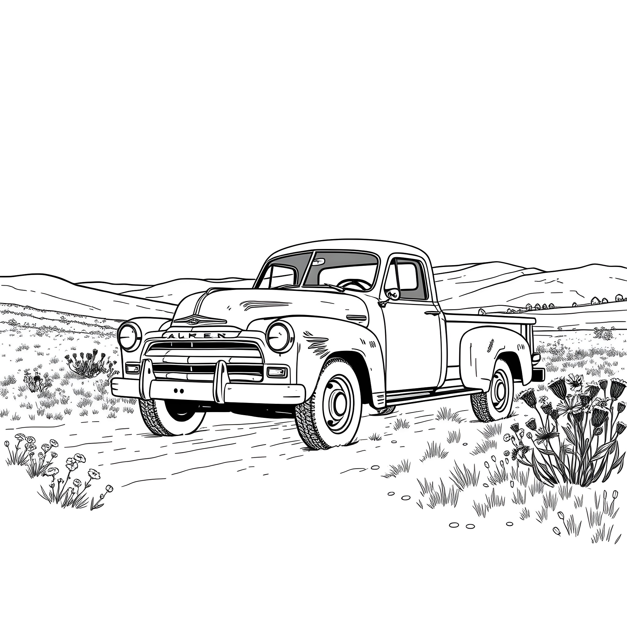 Truck driving in the countryside Coloring Page (free black-and-white line drawing printable PDF for all, from beginners to advanced learners, including children, teens, adults, and seniors)