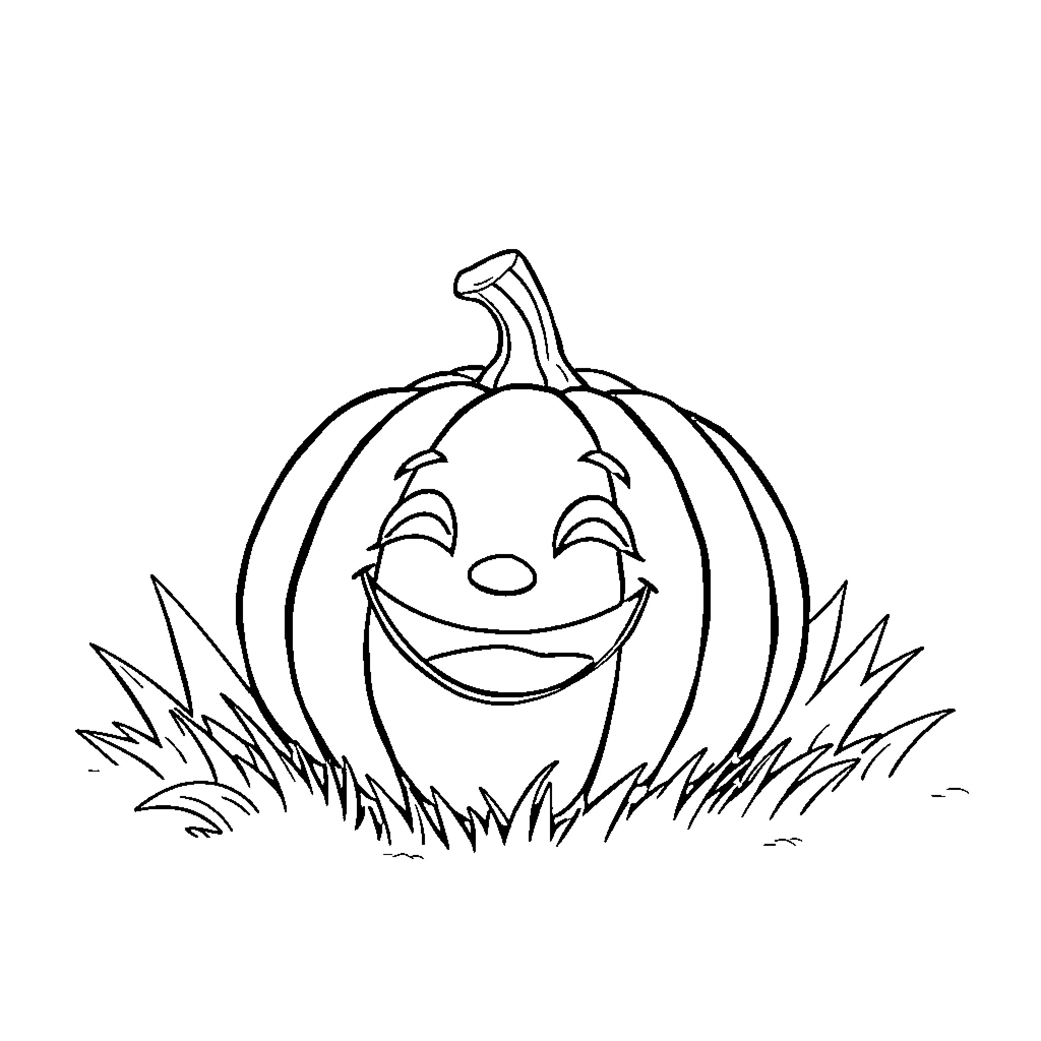Pumpkin with a cheerful expression in the grass Coloring Page (free black-and-white line drawing printable PDF for all, from beginners to advanced learners, including children, teens, adults, and seniors)