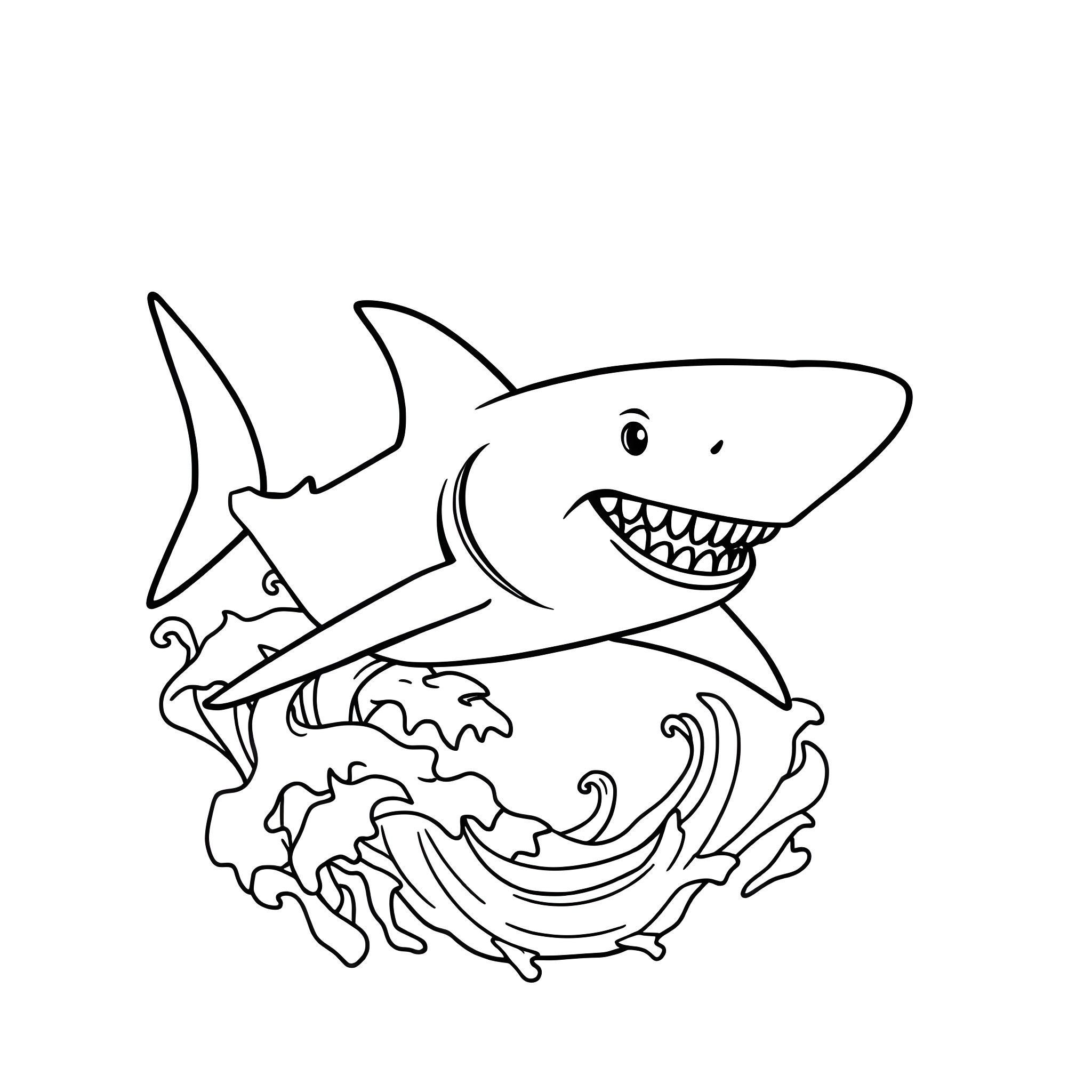Shark swimming through waves Coloring Page (free black-and-white line drawing printable PDF for all, from beginners to advanced learners, including children, teens, adults, and seniors)