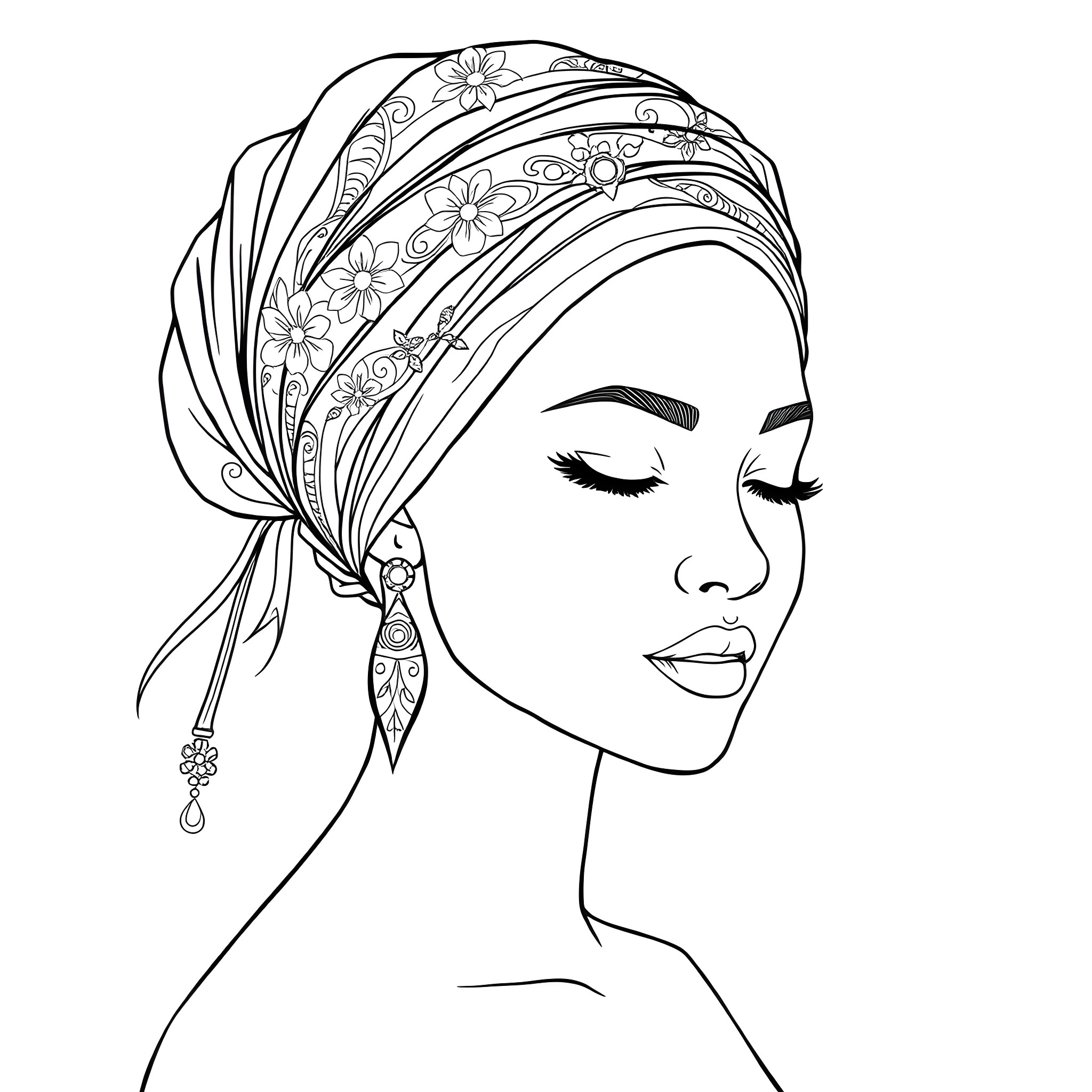Woman with Floral Headscarf and Serene Expression Coloring Page (free black-and-white line drawing printable PDF for all, from beginners to advanced learners, including children, teens, adults, and seniors)