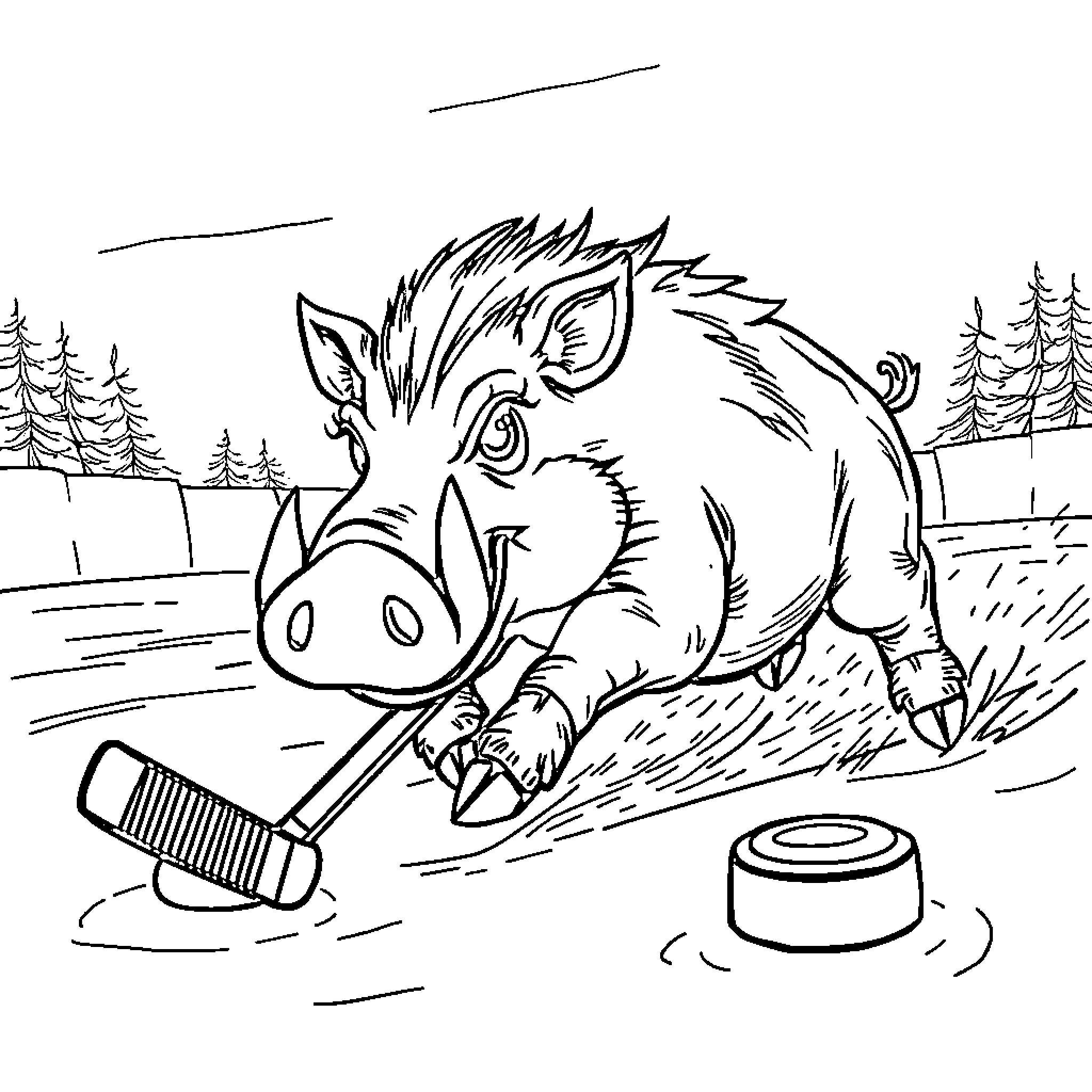 Warthog playing with farm tools in the countryside Coloring Page (free black-and-white line drawing printable PDF for all, from beginners to advanced learners, including children, teens, adults, and seniors)