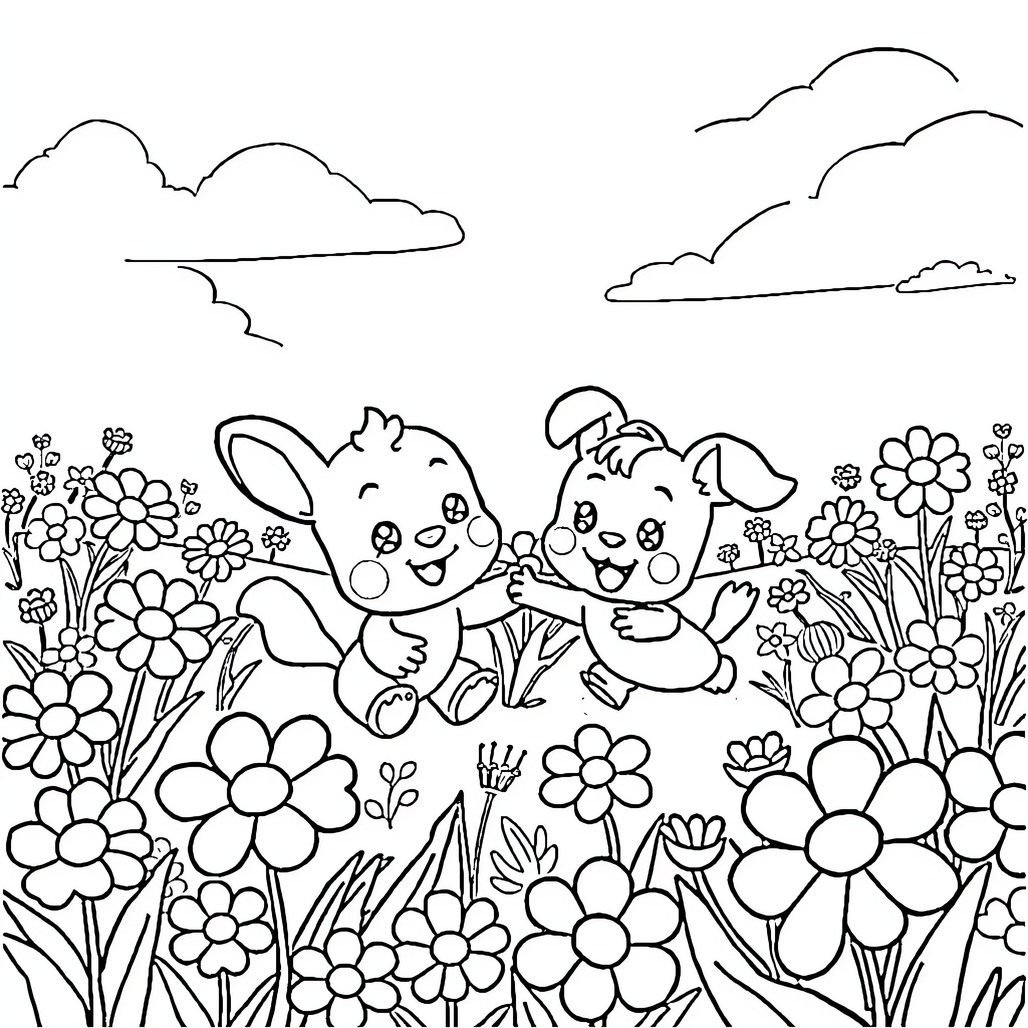 Bluey's Floral Adventure Coloring Page (free black-and-white line drawing printable PDF for all, from beginners to advanced learners, including children, teens, adults, and seniors)