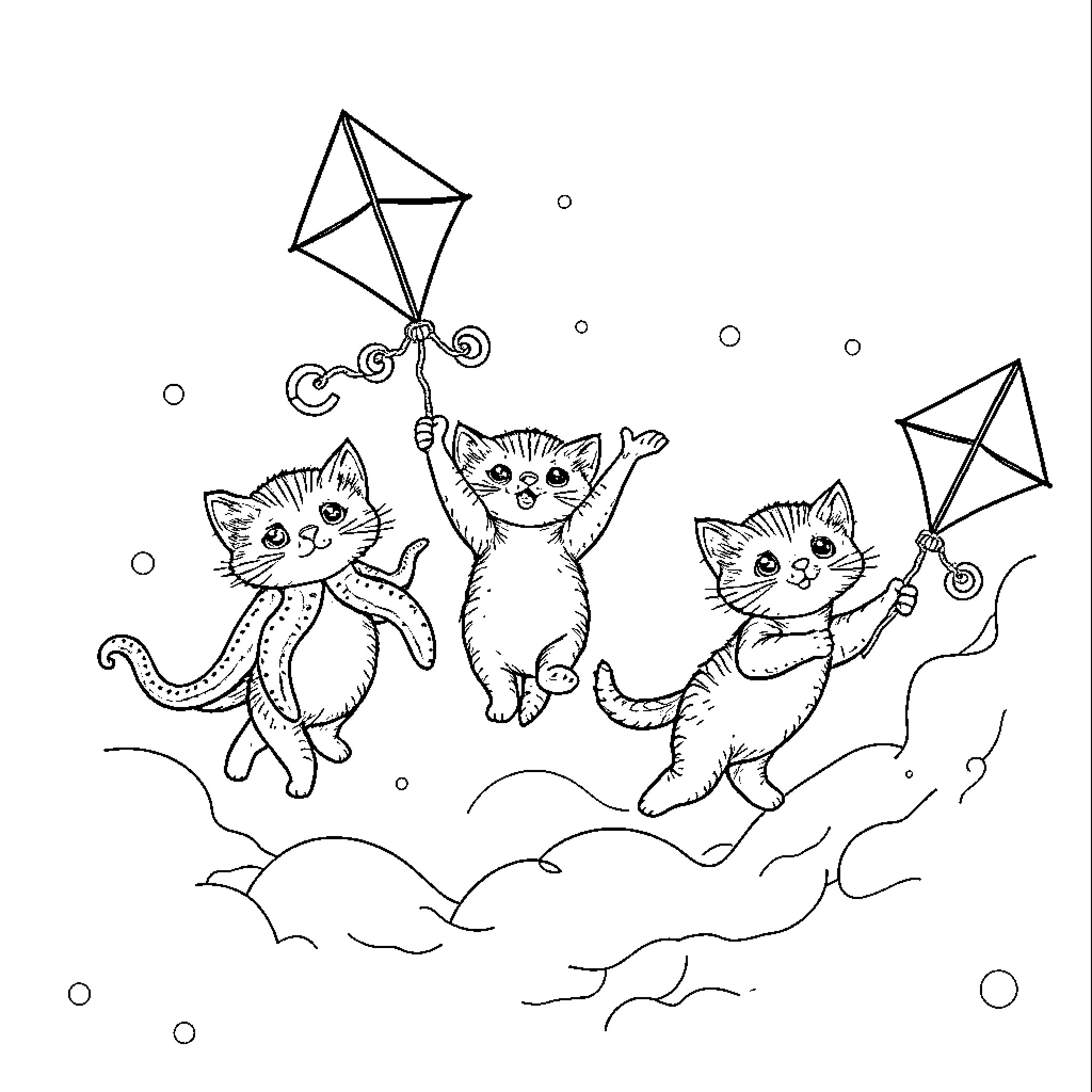 Kittens flying kites in the clouds Coloring Page (free black-and-white line drawing printable PDF for all, from beginners to advanced learners, including children, teens, adults, and seniors)