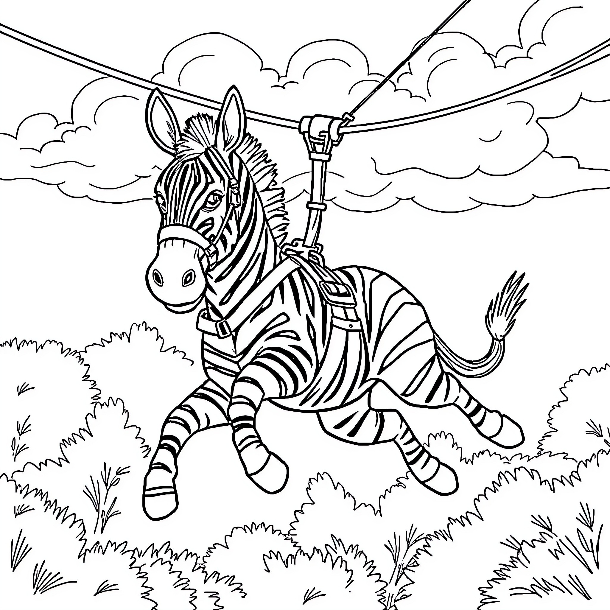 Zebra traversing a cloudy landscape Coloring Page (free black-and-white line drawing printable PDF for all, from beginners to advanced learners, including children, teens, adults, and seniors)