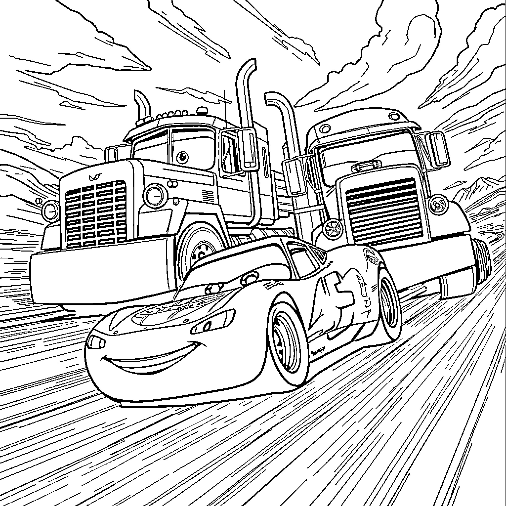 Lightning McQueen races against big trucks on the highway Coloring Page (free black-and-white line drawing printable PDF for all, from beginners to advanced learners, including children, teens, adults, and seniors)