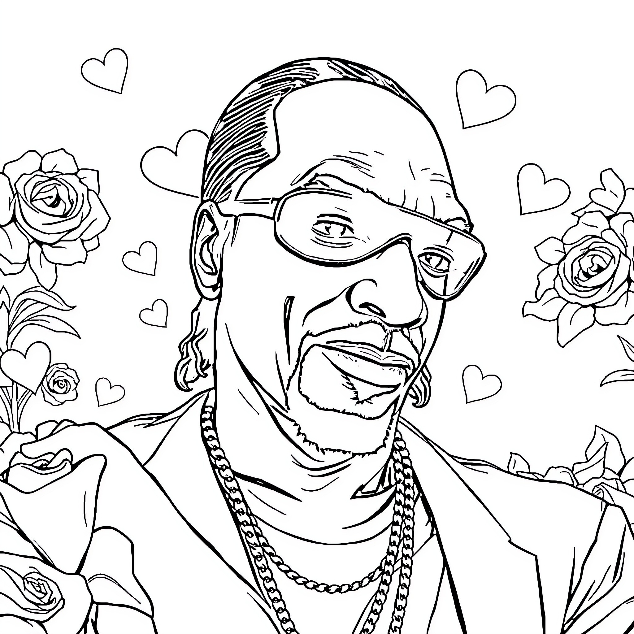 Snoop Dog's Lively Portrait with Floral Accents Coloring Page (free black-and-white line drawing printable PDF for all, from beginners to advanced learners, including children, teens, adults, and seniors)