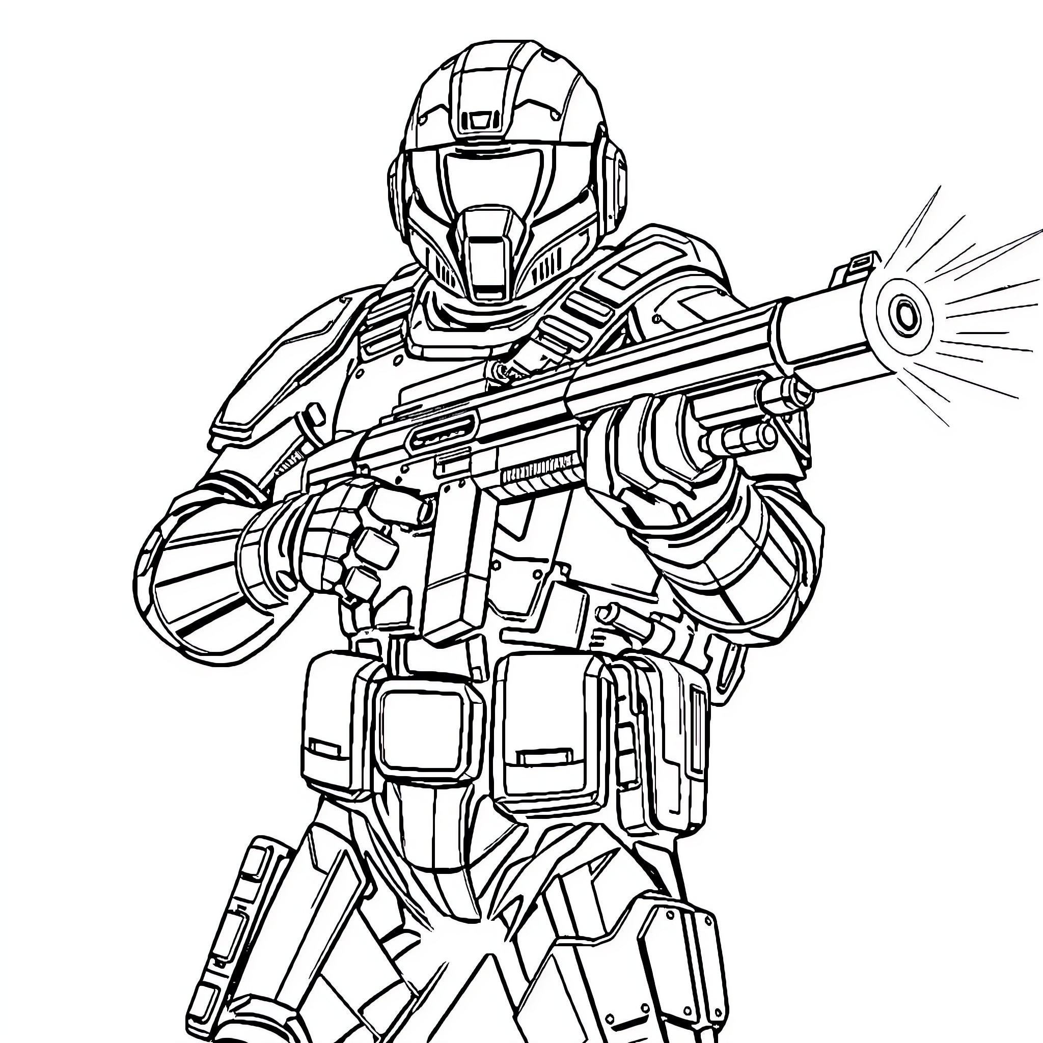 Super-Soldier in Tactical Combat Gear Coloring Page (free black-and-white line drawing printable PDF for all, from beginners to advanced learners, including children, teens, adults, and seniors)