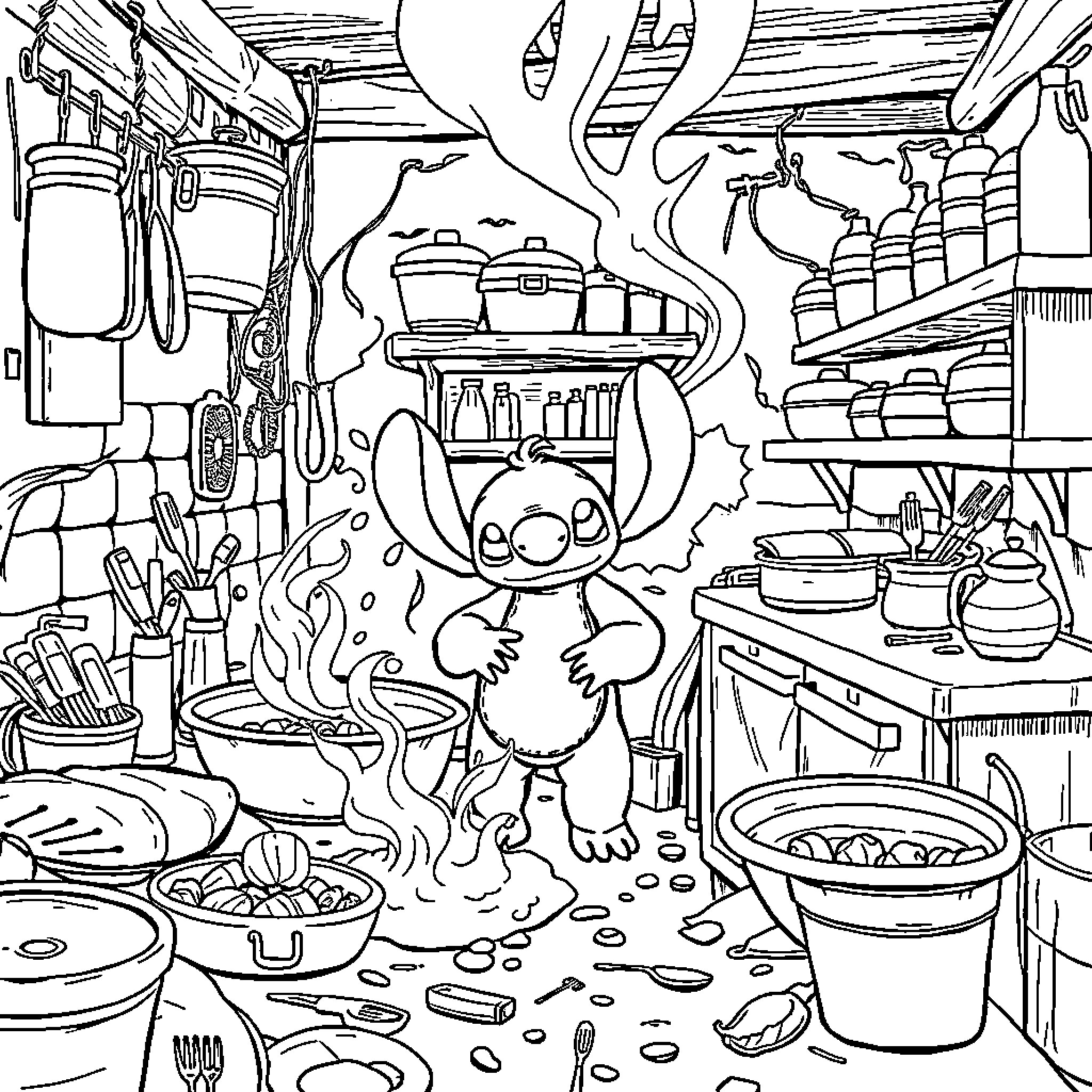 Stitch Exploring a Messy Kitchen Coloring Page (free black-and-white line drawing printable PDF for all, from beginners to advanced learners, including children, teens, adults, and seniors)