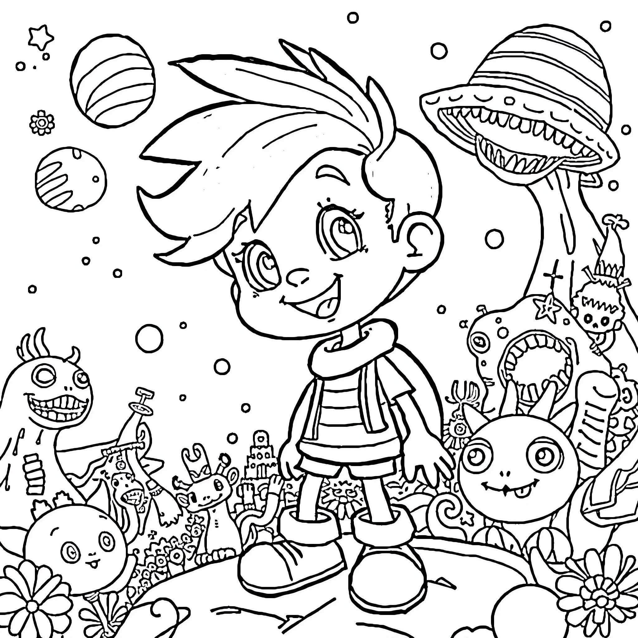 Cosmo's Cosmic Adventure with Whimsical Creatures Coloring Page (free black-and-white line drawing printable PDF for all, from beginners to advanced learners, including children, teens, adults, and seniors)