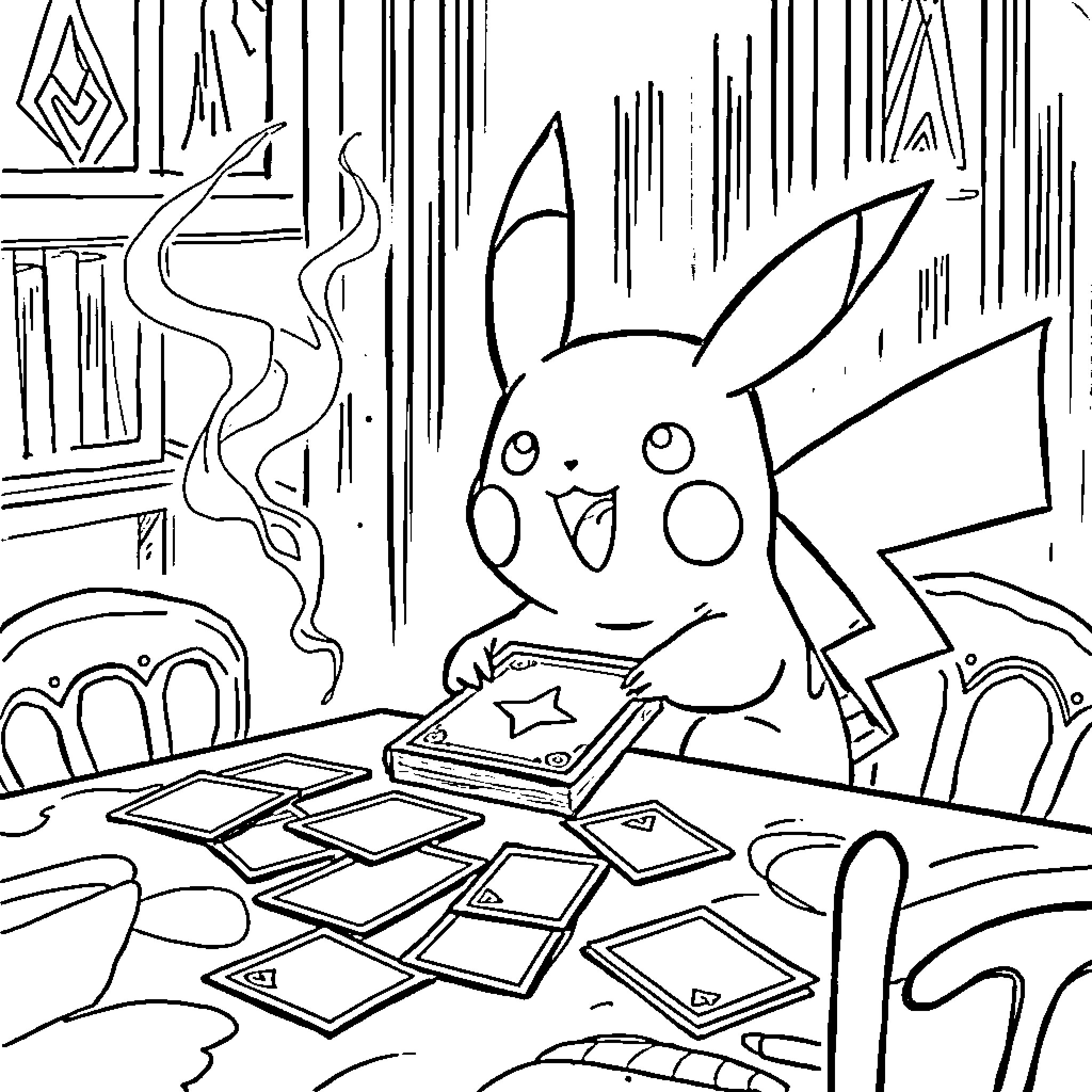 Pikachu enjoying a game session Coloring Page (free black-and-white line drawing printable PDF for all, from beginners to advanced learners, including children, teens, adults, and seniors)