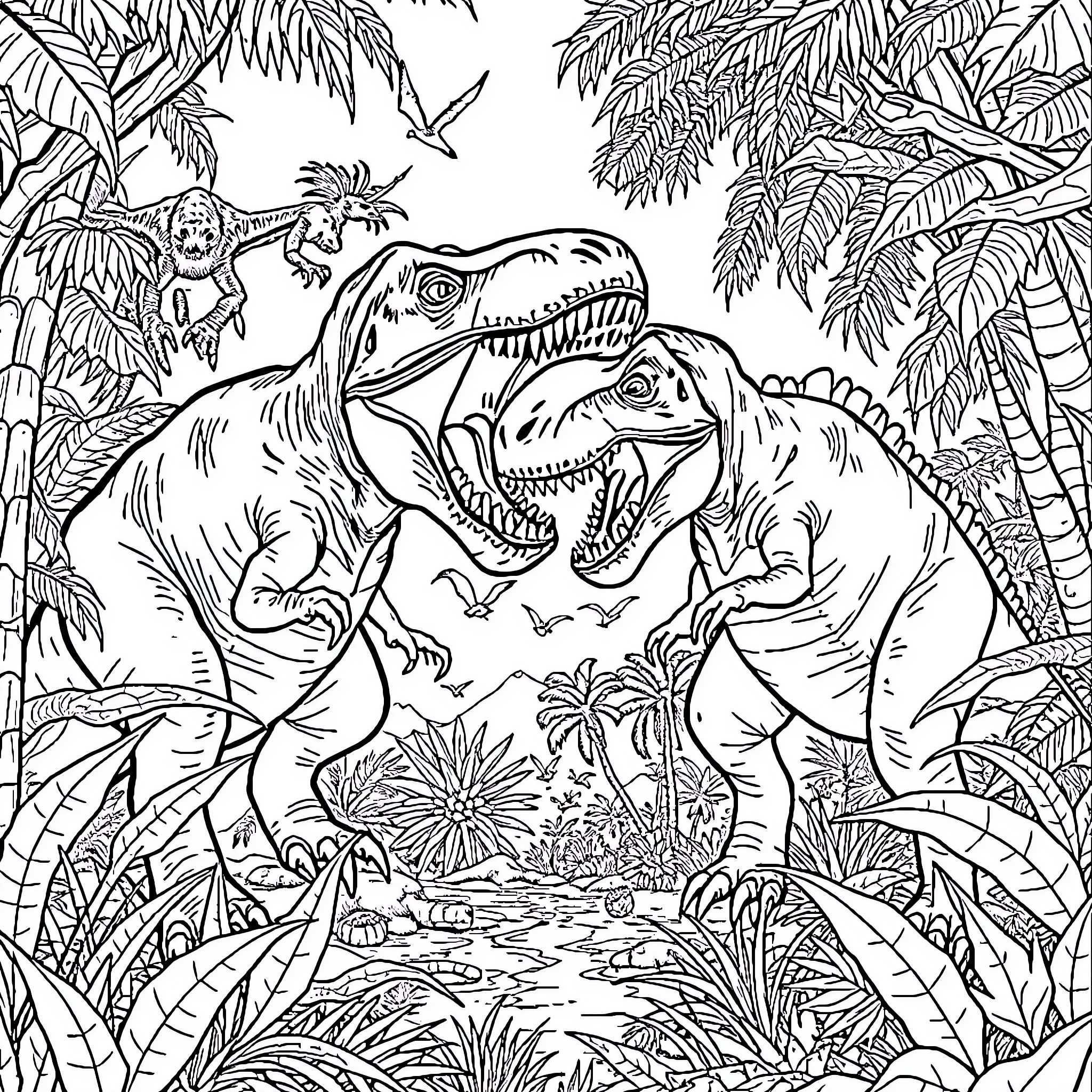 Dinosaurs in Prehistoric Jungle Landscape Coloring Page (free black-and-white line drawing printable PDF for all, from beginners to advanced learners, including children, teens, adults, and seniors)