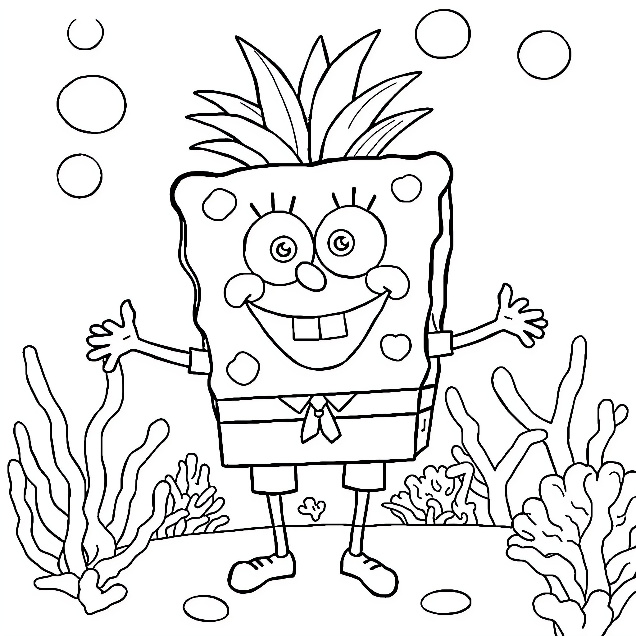 Bob esponja enjoying the underwater scenery Coloring Page (free black-and-white line drawing printable PDF for all, from beginners to advanced learners, including children, teens, adults, and seniors)