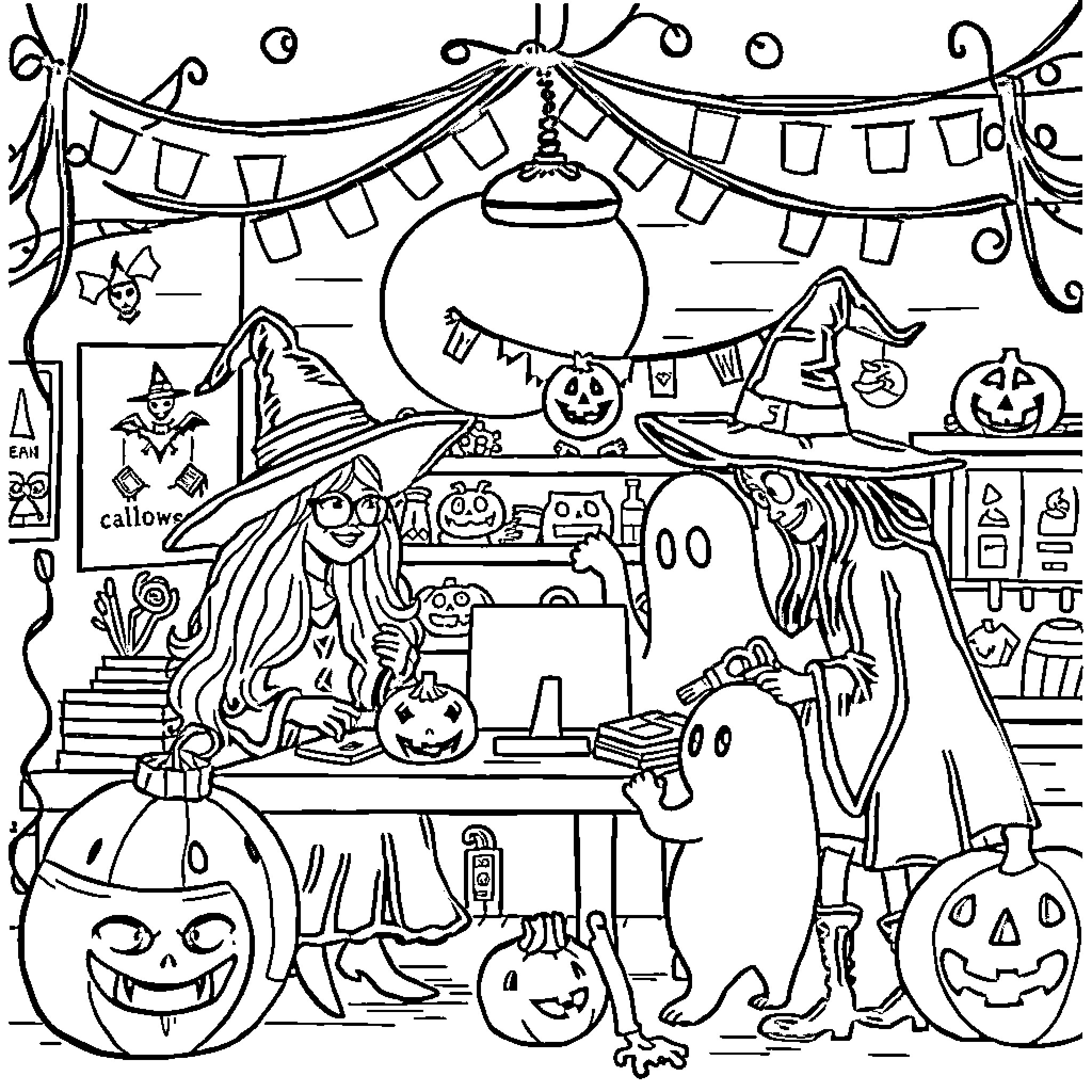 Halloween Character Celebrating in a Festive Scene Coloring Page (free black-and-white line drawing printable PDF for all, from beginners to advanced learners, including children, teens, adults, and seniors)