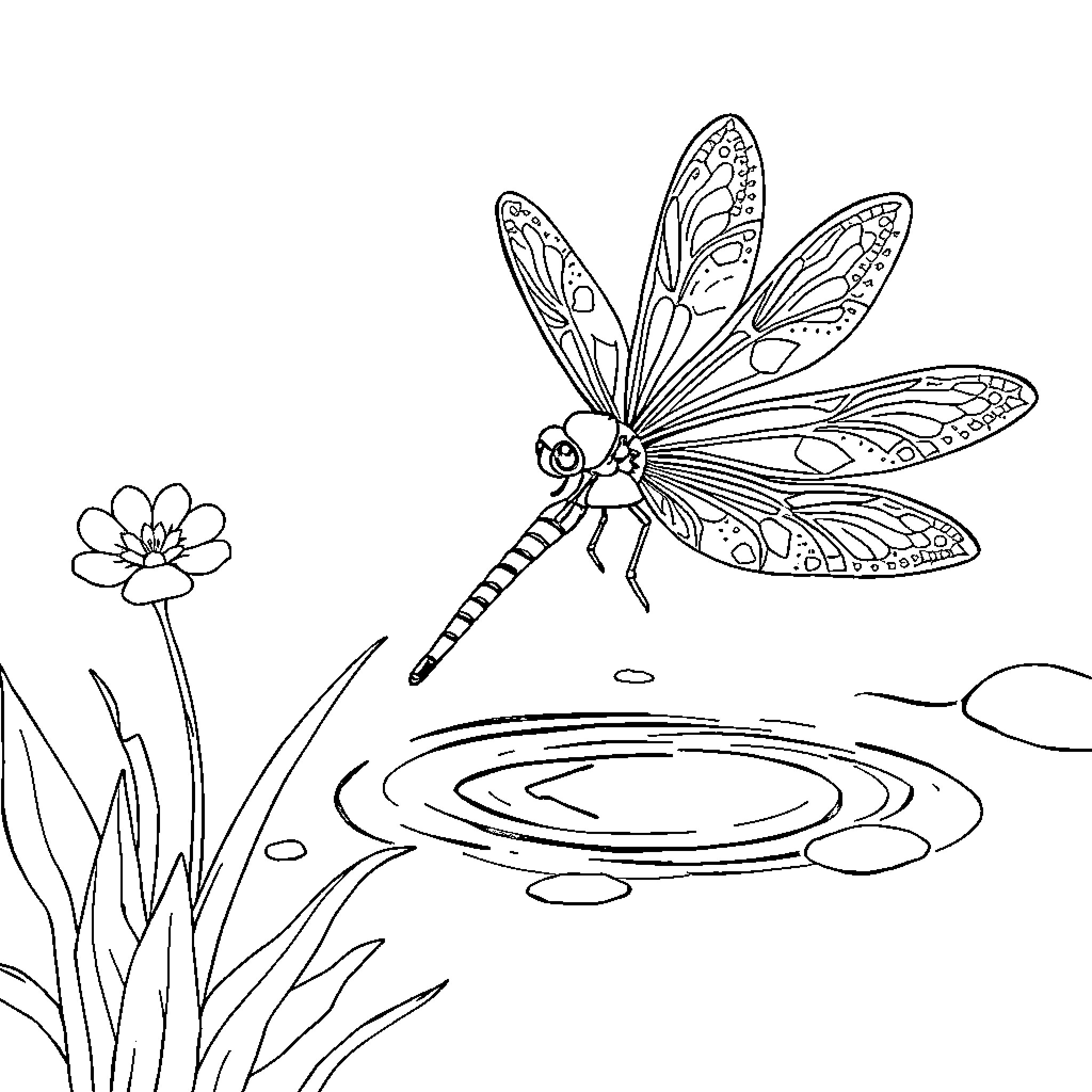 Dragonfly hovering gracefully above a flower-filled pond Coloring Page (free black-and-white line drawing printable PDF for all, from beginners to advanced learners, including children, teens, adults, and seniors)