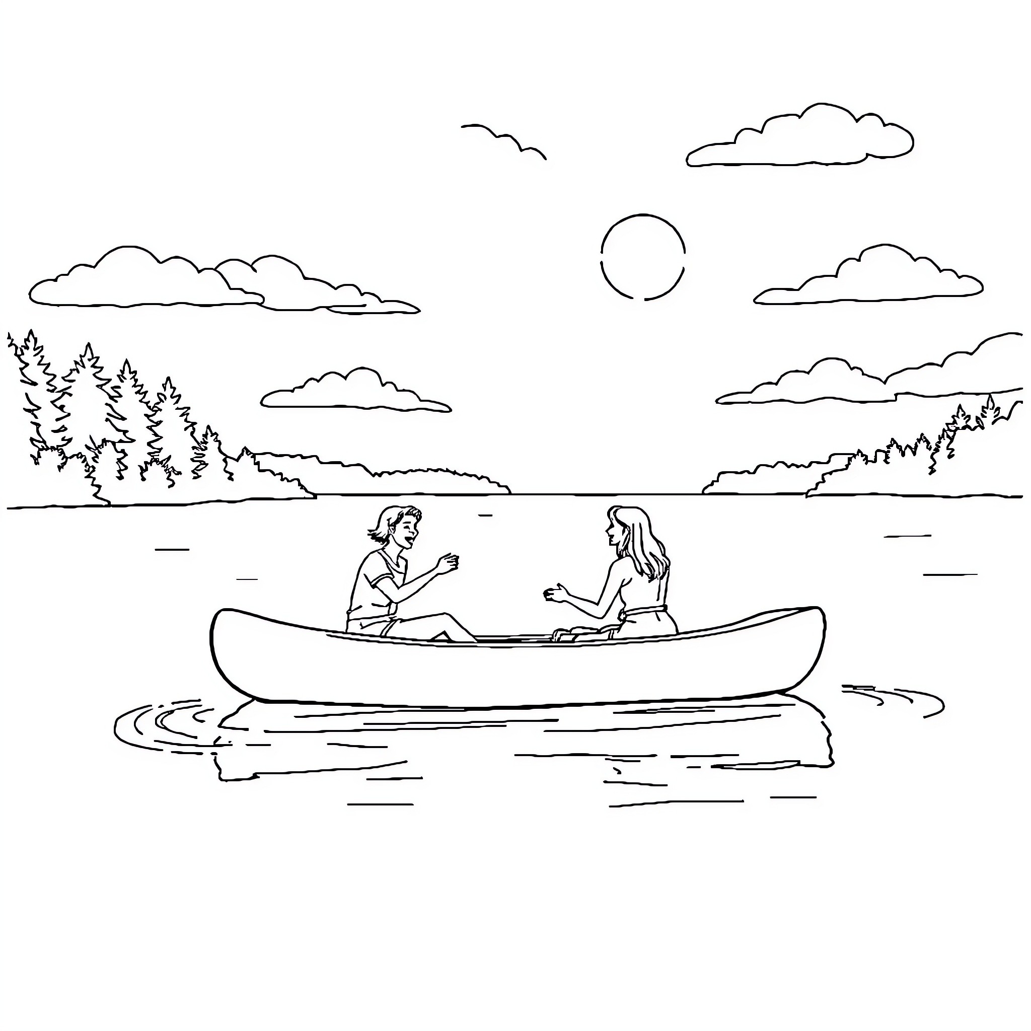 Canoeing on a tranquil lake surrounded by nature Coloring Page (free black-and-white line drawing printable PDF for all, from beginners to advanced learners, including children, teens, adults, and seniors)