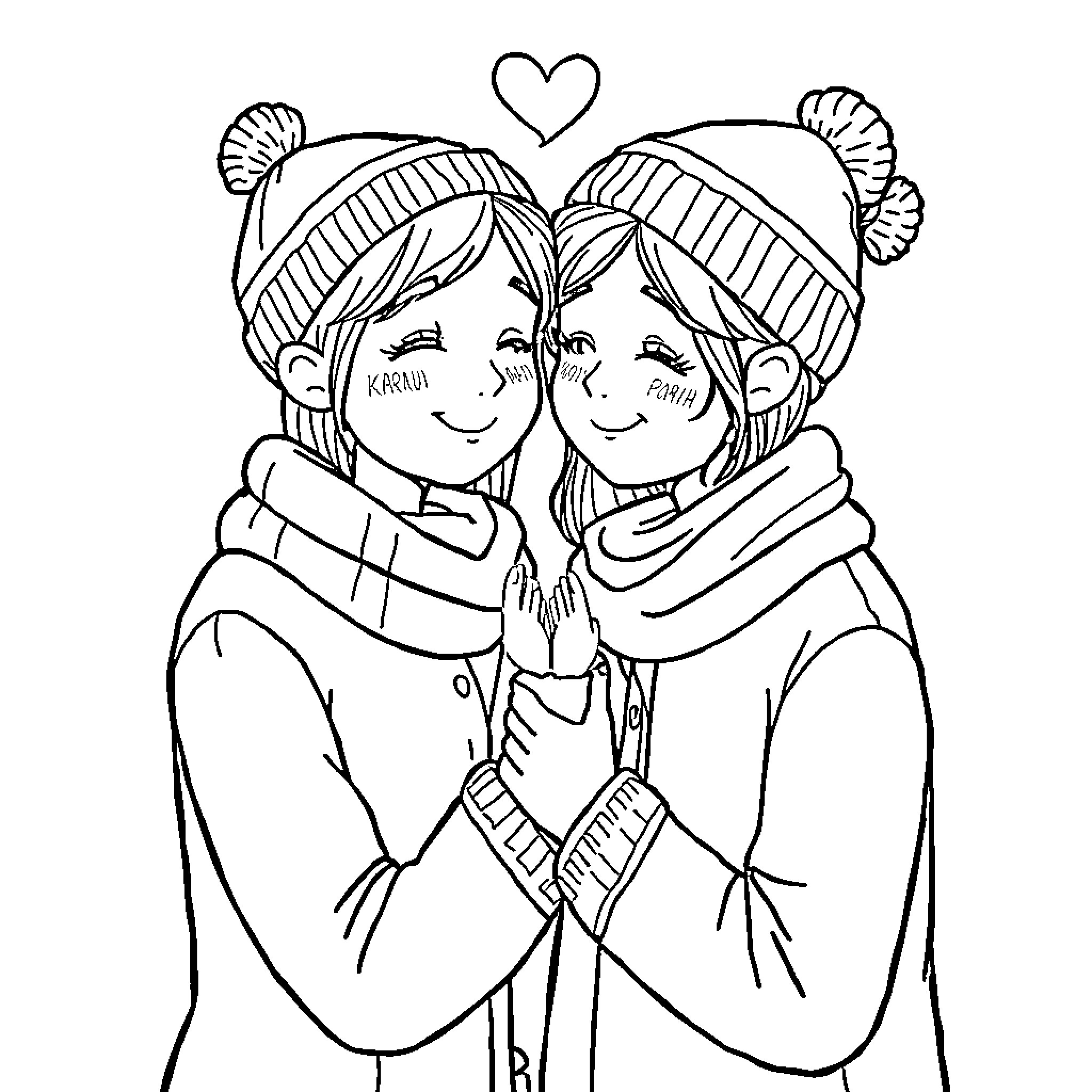 Love between two friends in winter Coloring Page (free black-and-white line drawing printable PDF for all, from beginners to advanced learners, including children, teens, adults, and seniors)