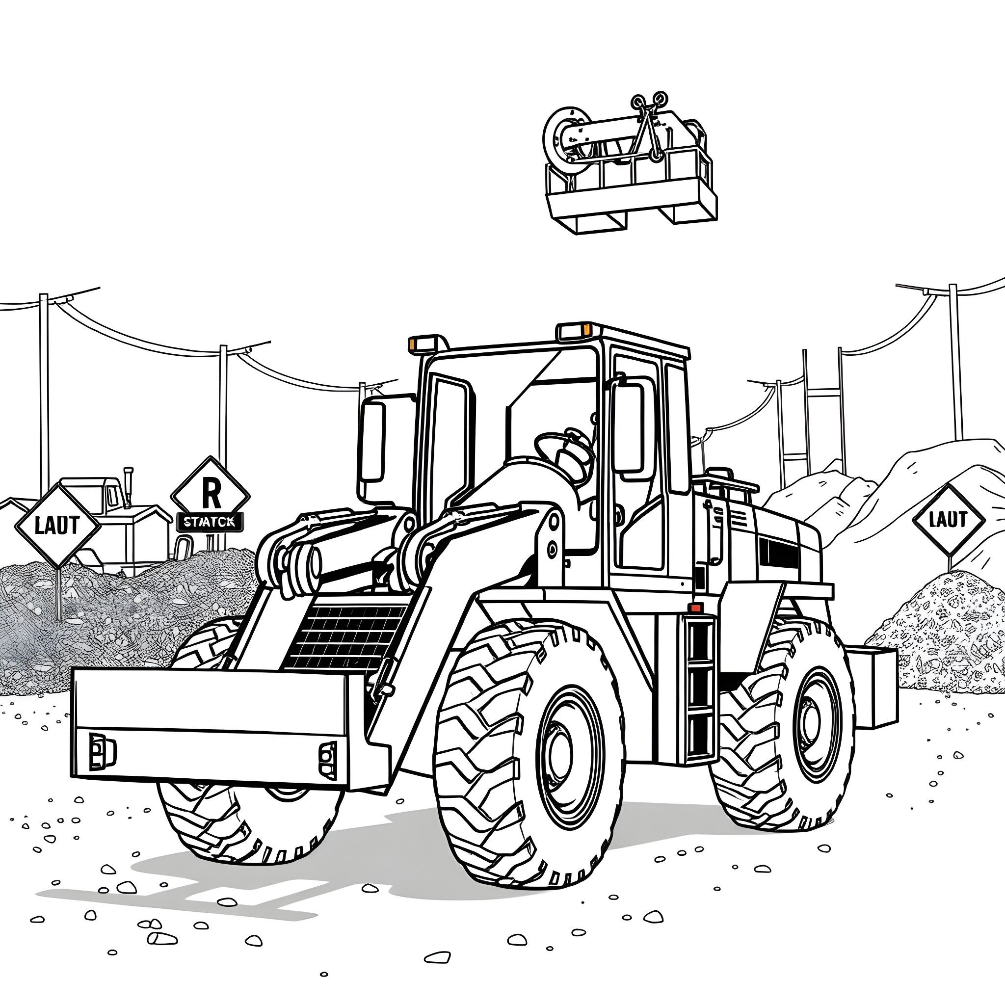 Knuckleboom Loader Working in Construction Site Coloring Page (free black-and-white line drawing printable PDF for all, from beginners to advanced learners, including children, teens, adults, and seniors)