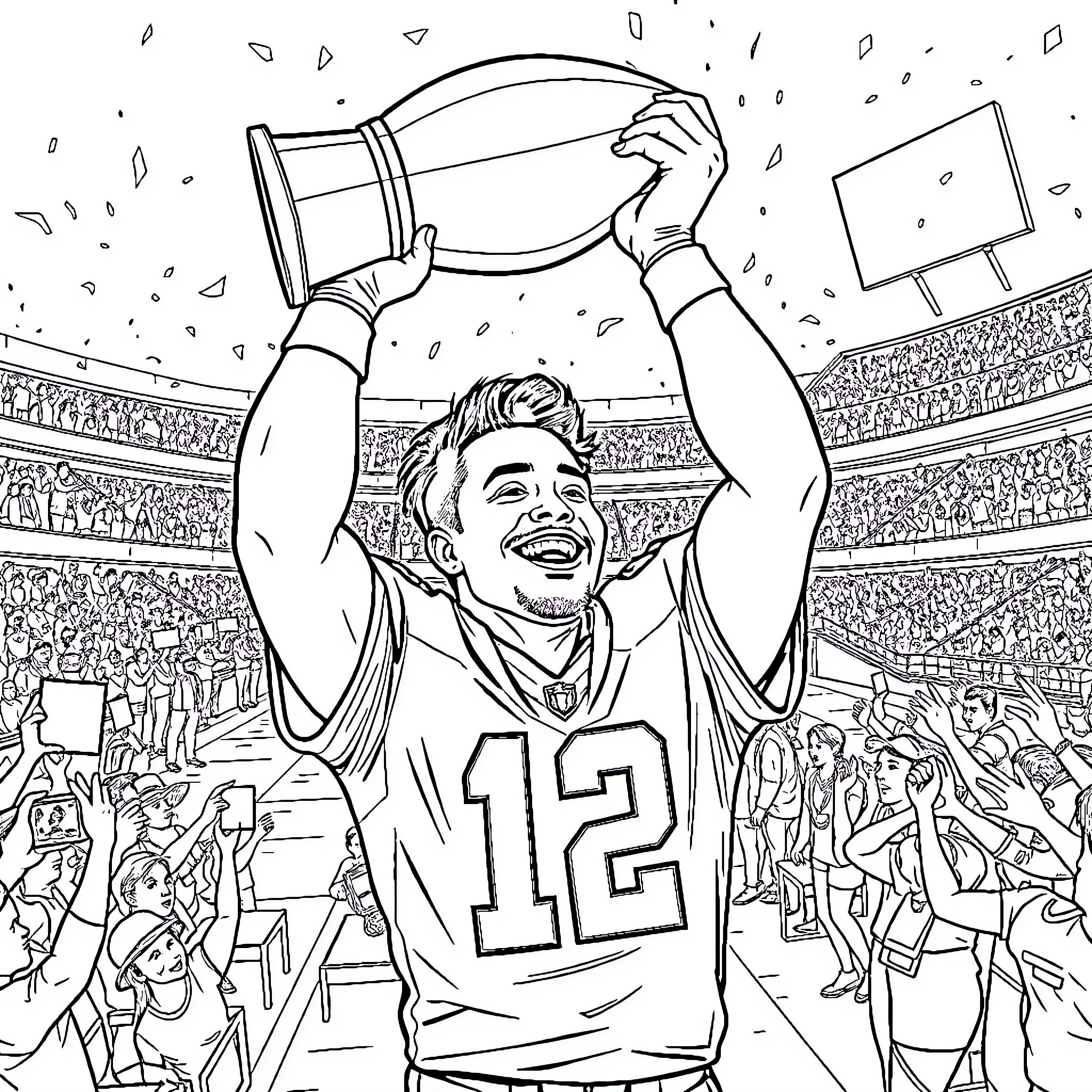 Jordan Love Celebrating Victory in the Big Game Coloring Page (free black-and-white line drawing printable PDF for all, from beginners to advanced learners, including children, teens, adults, and seniors)