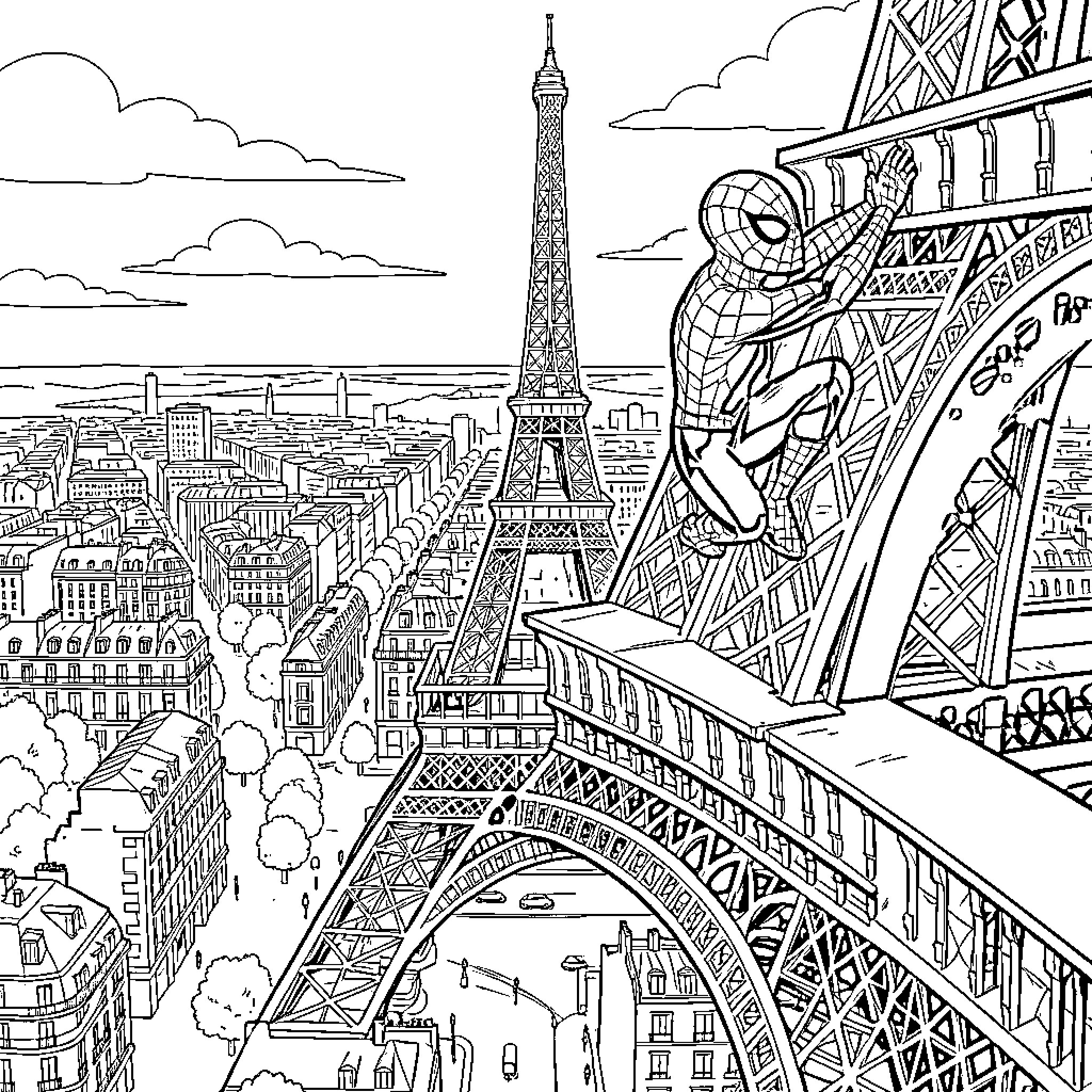 Spider-Man climbing the Eiffel Tower in Paris Coloring Page (free black-and-white line drawing printable PDF for all, from beginners to advanced learners, including children, teens, adults, and seniors)