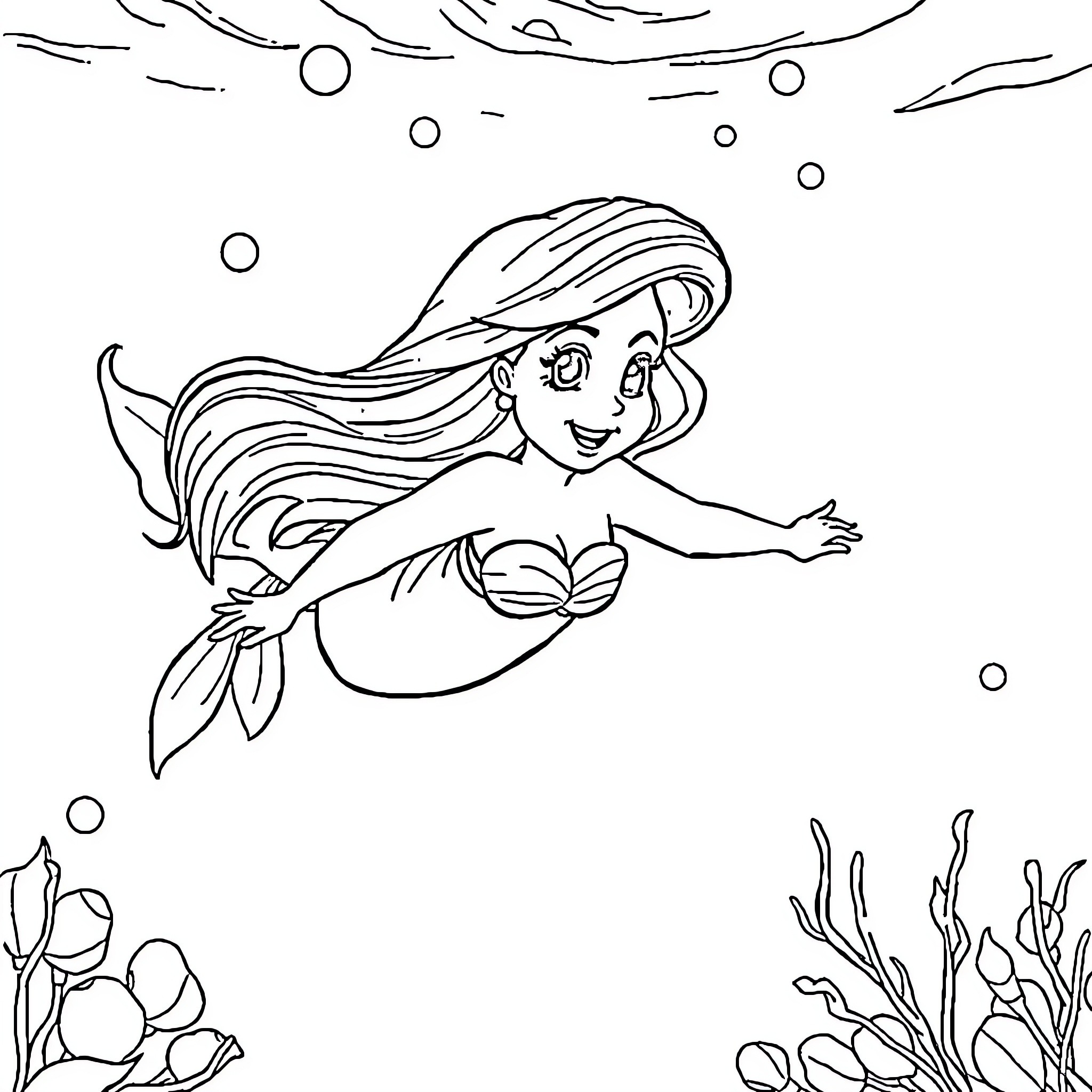 Ariel swimming happily in the underwater world Coloring Page (free black-and-white line drawing printable PDF for all, from beginners to advanced learners, including children, teens, adults, and seniors)