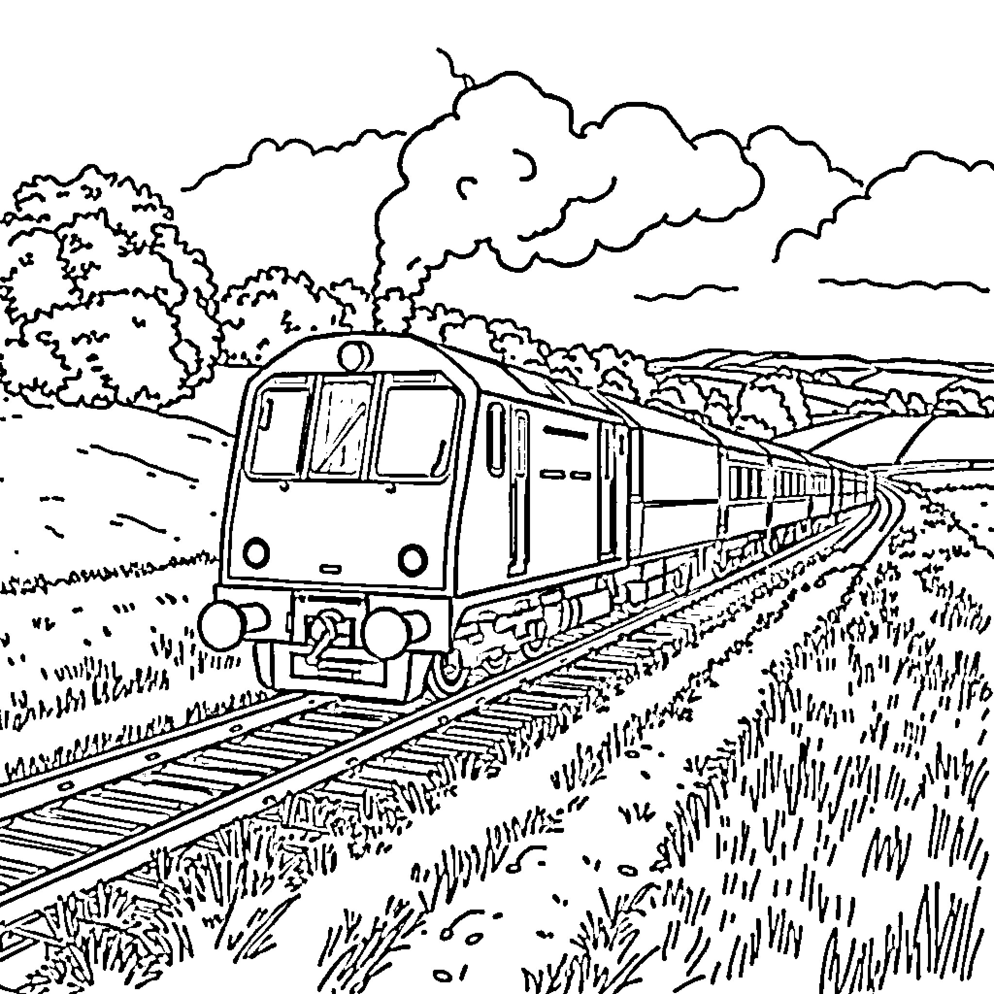 Train traveling through scenic countryside Coloring Page (free black-and-white line drawing printable PDF for all, from beginners to advanced learners, including children, teens, adults, and seniors)