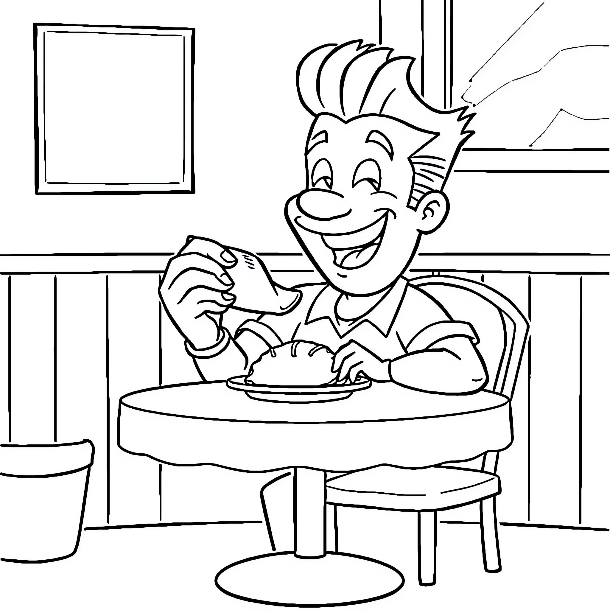 Johnny Bravo Eating a Hearty Meal at Home Coloring Page (free black-and-white line drawing printable PDF for all, from beginners to advanced learners, including children, teens, adults, and seniors)