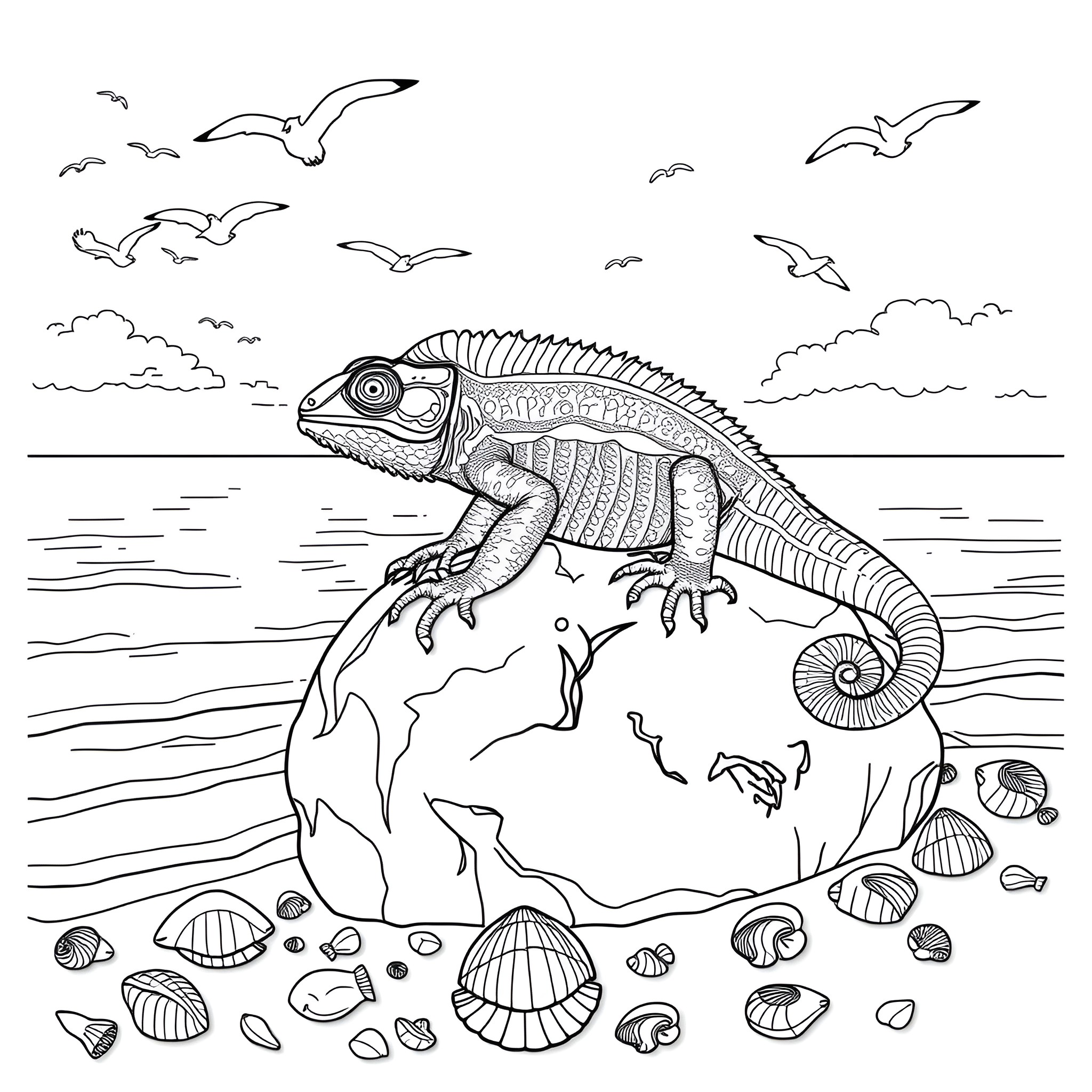Chameleon perched on a globe surrounded by seashells Coloring Page (free black-and-white line drawing printable PDF for all, from beginners to advanced learners, including children, teens, adults, and seniors)