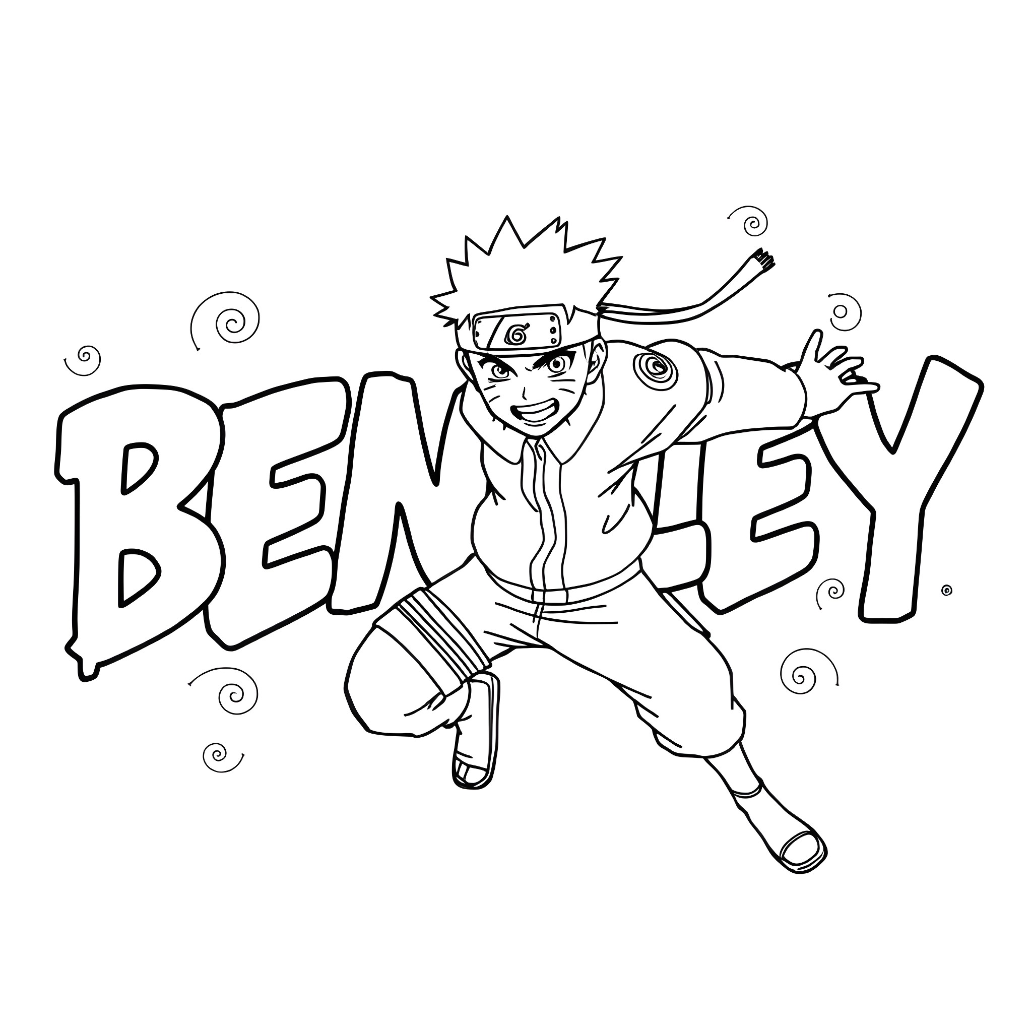 Bentley the Ninja in Action Coloring Page (free black-and-white line drawing printable PDF for all, from beginners to advanced learners, including children, teens, adults, and seniors)
